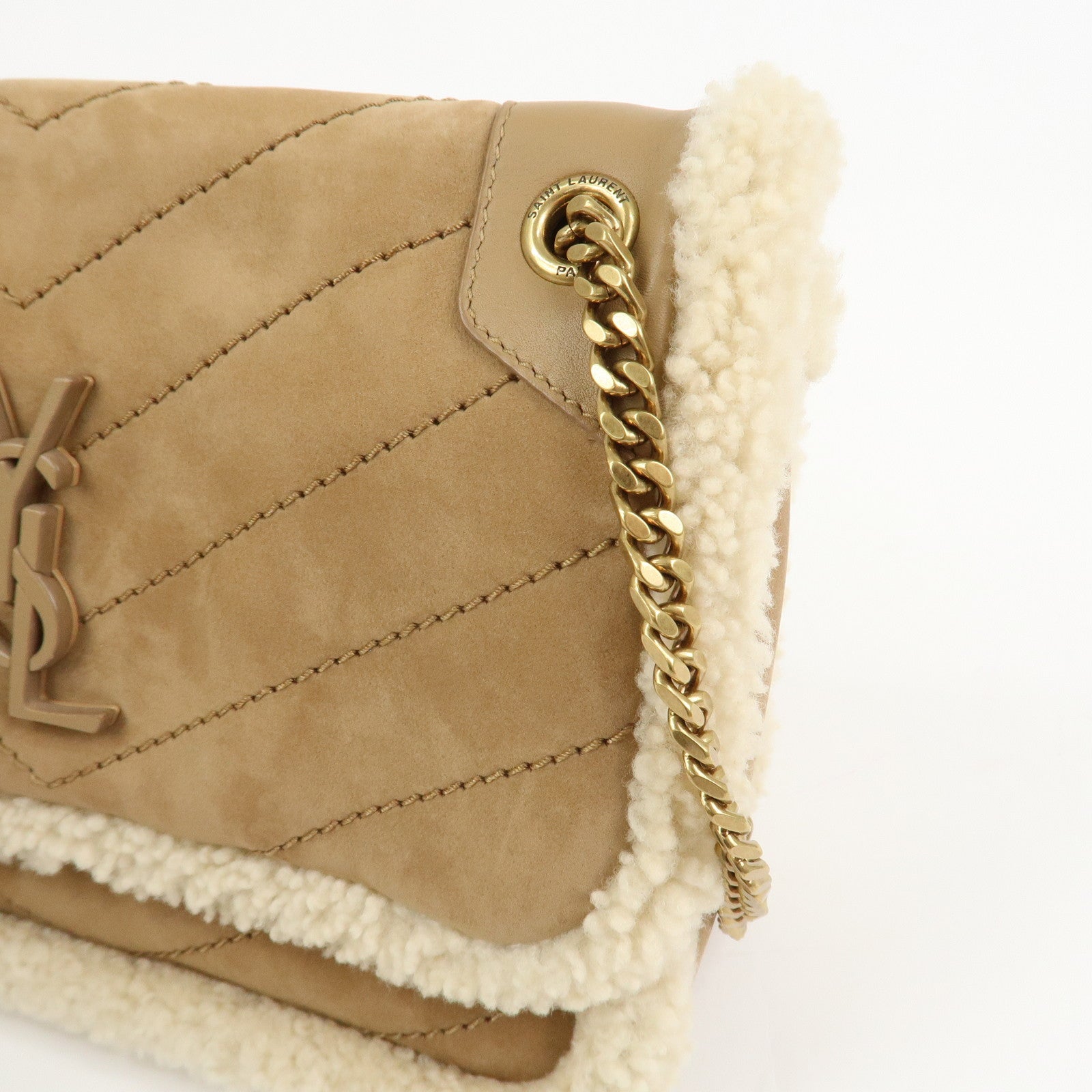 SAINT LAURENT PARIS Niki Mouton Leather Shoulder Bag Light Brown