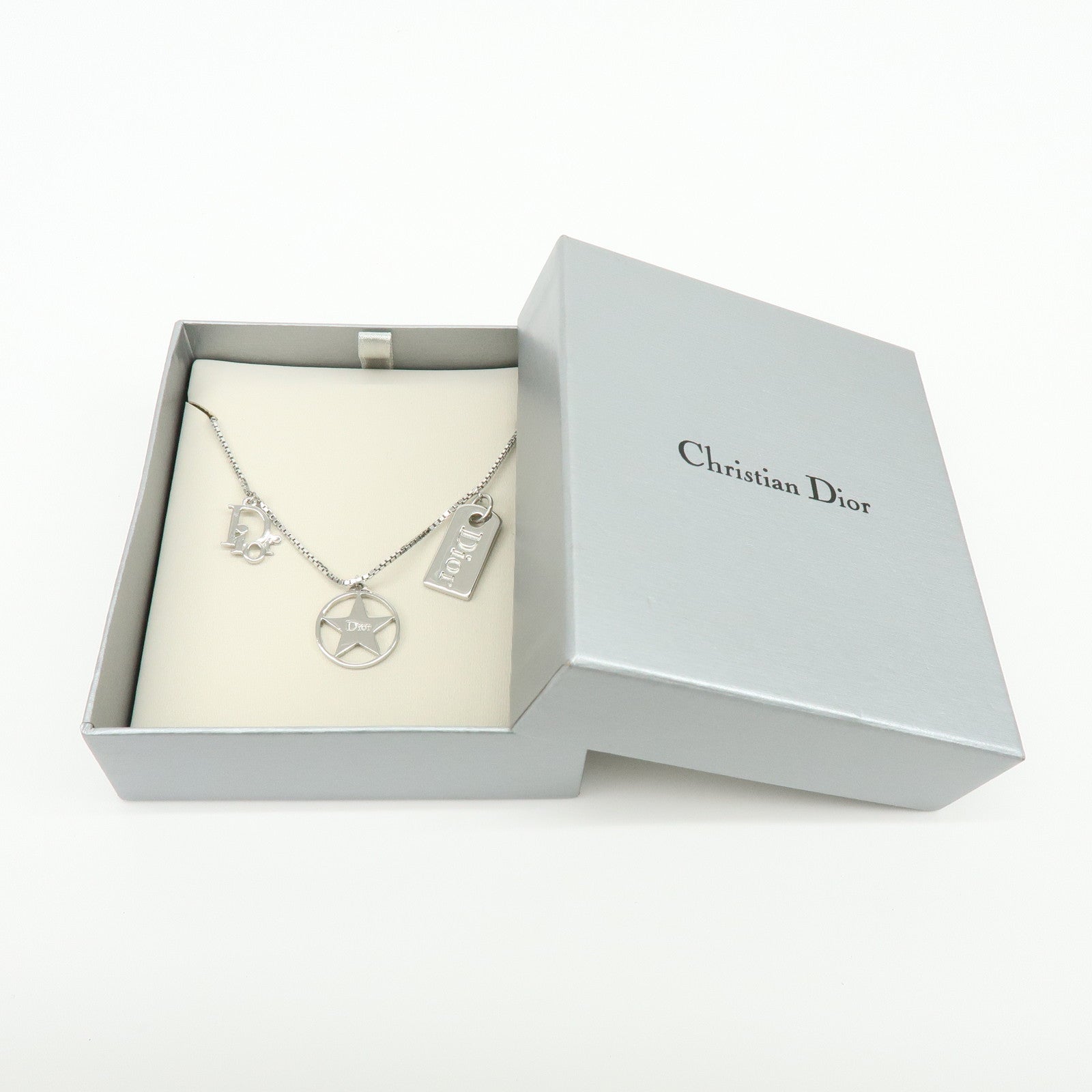 Christian Dior Logo Metal Necklace Silver Star Motif