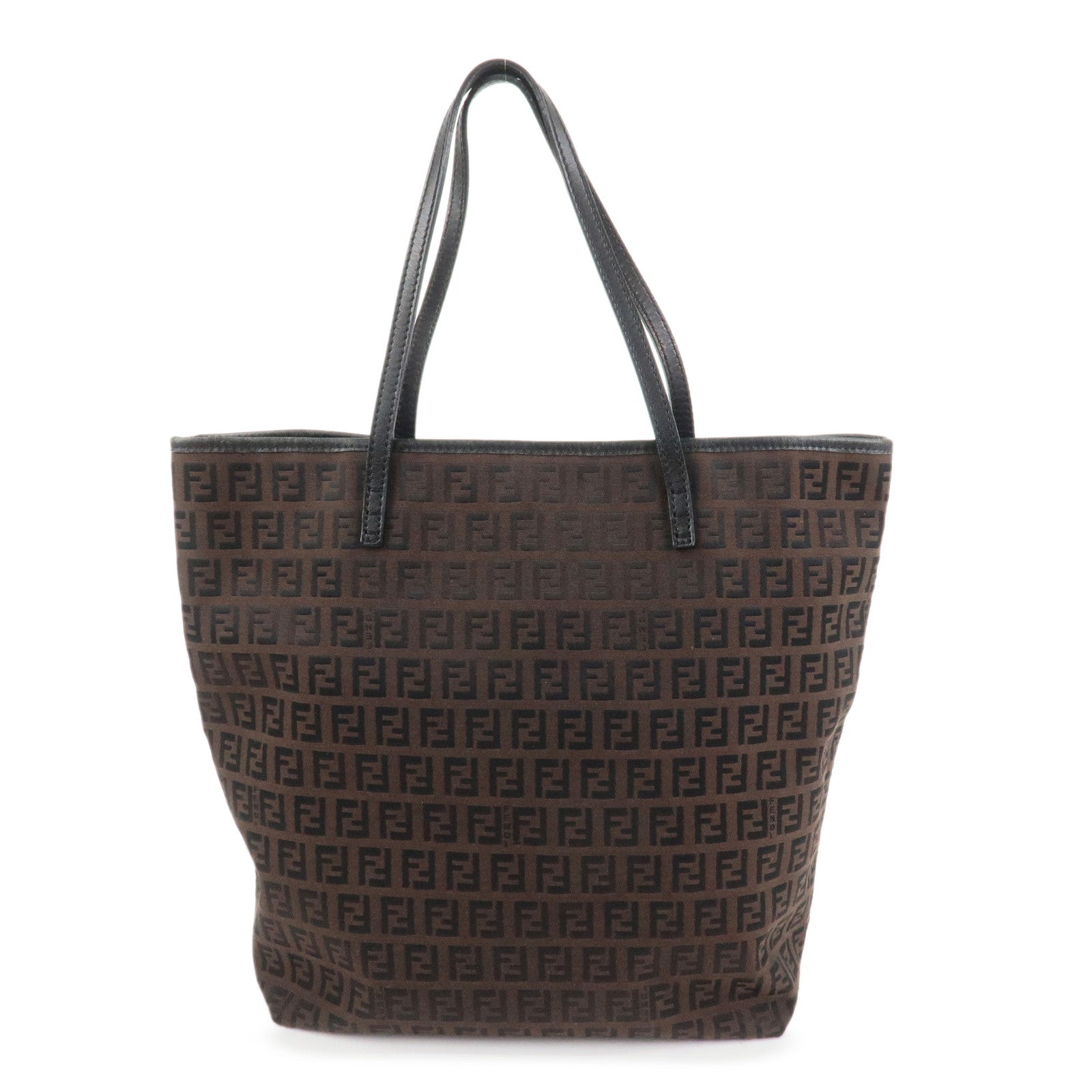 FENDI Zucchino Canvas Leather Tote Bag Hand Bag Brown Black 8BH074
