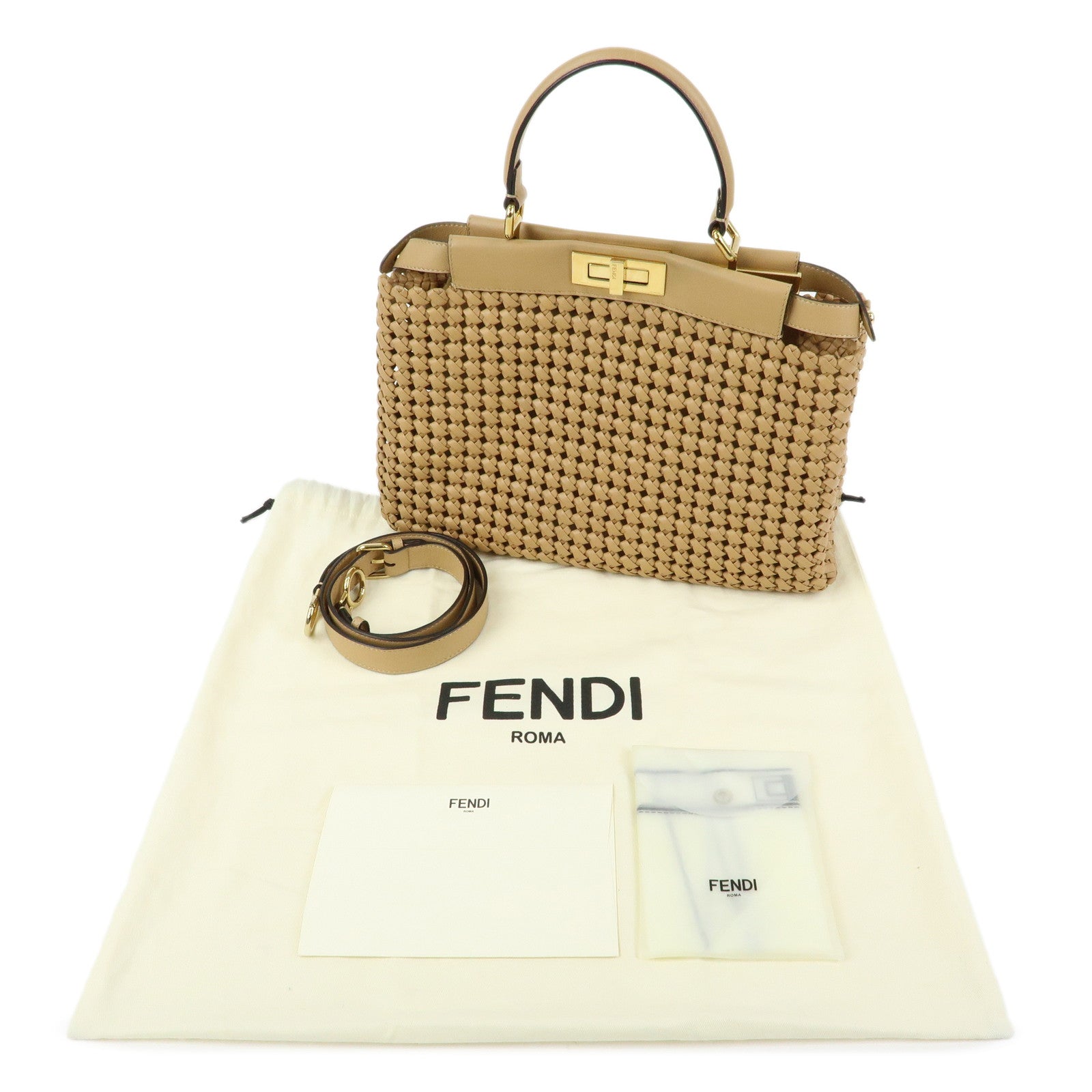 FENDI Peekaboo Medium Leather 2Way Hand Shoulder Bag Beige 8BN290
