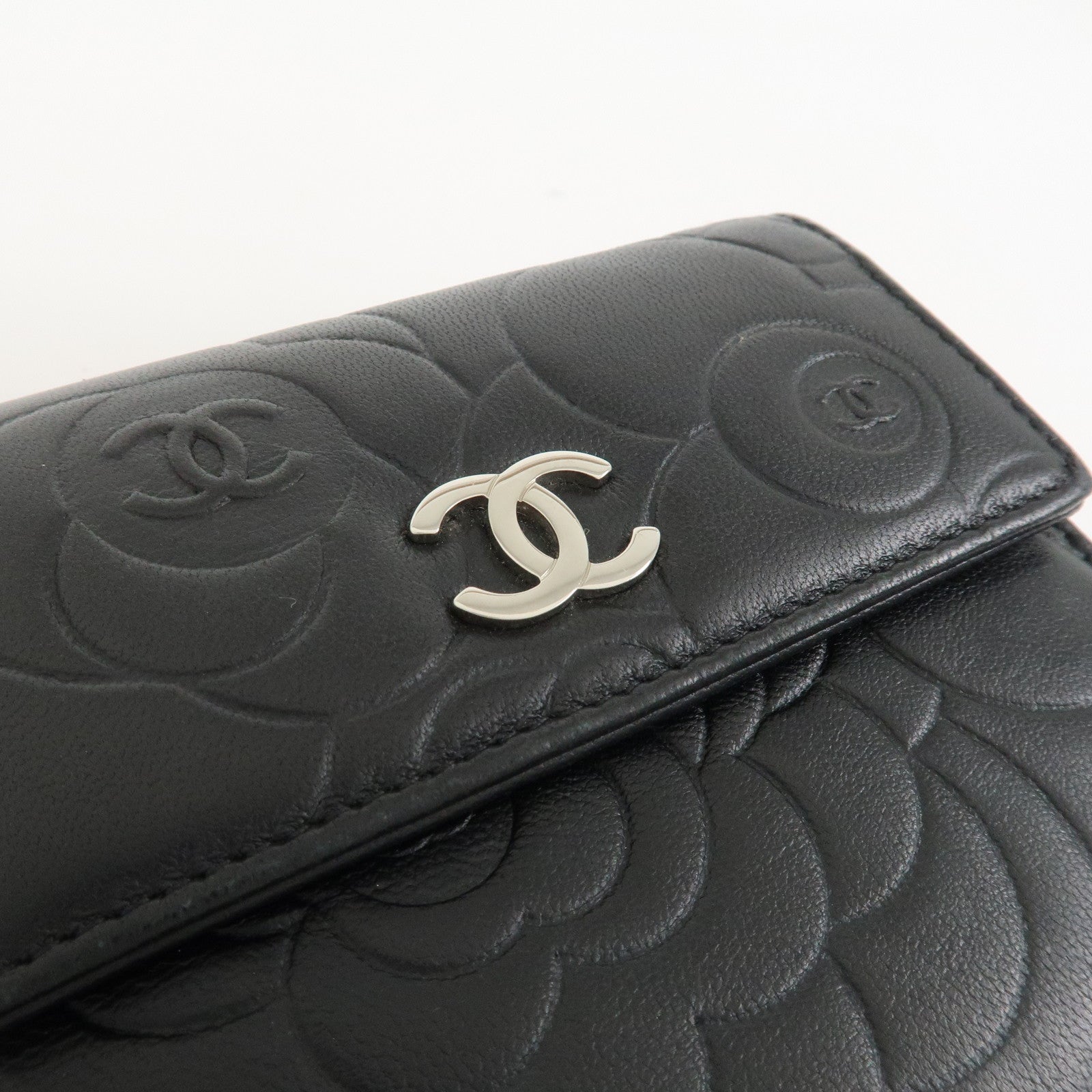 CHANEL Camellia COCO Mark Lamb Skin Compact Wallet Black