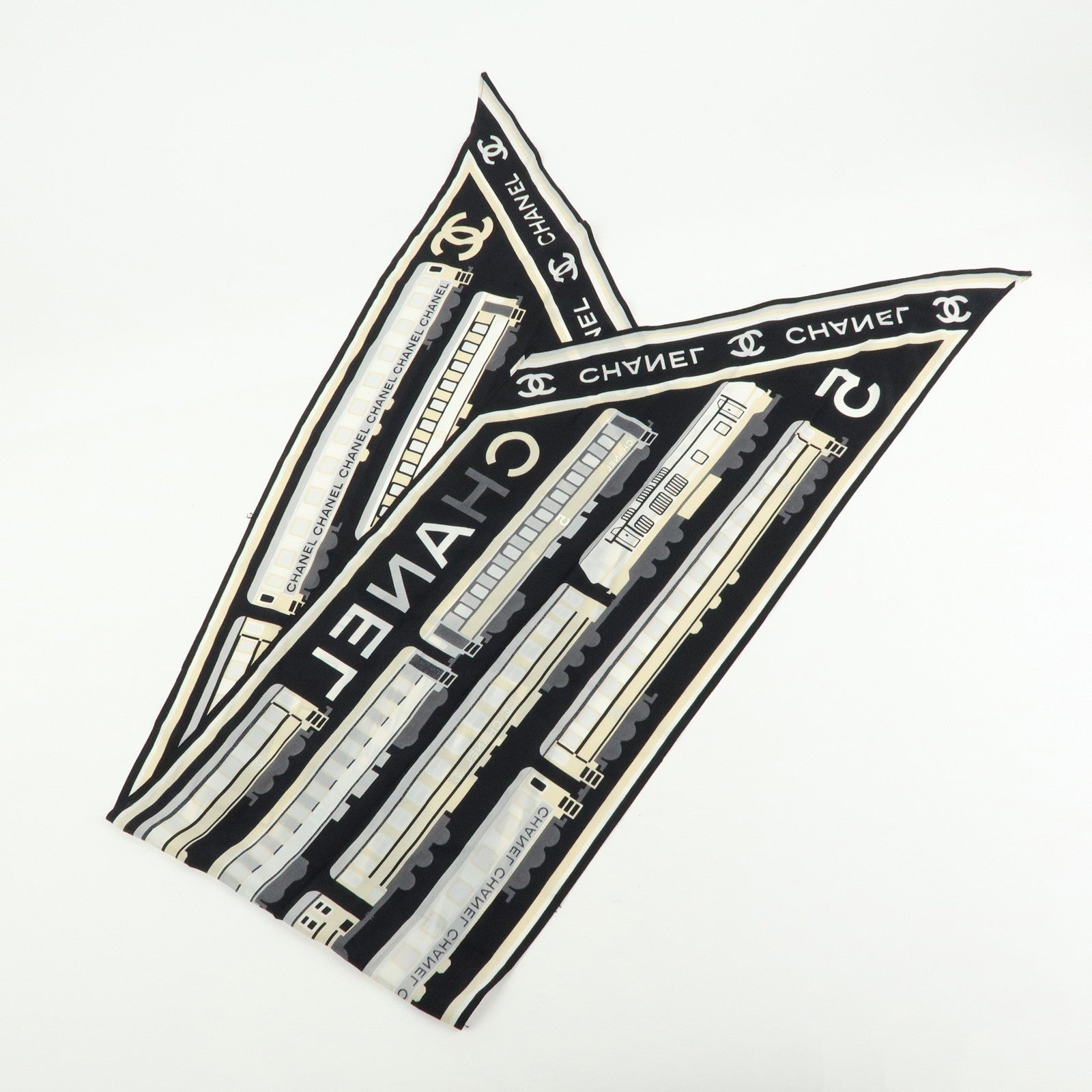CHANEL COCO Mark Silk100% Train Scarf Shawl Black