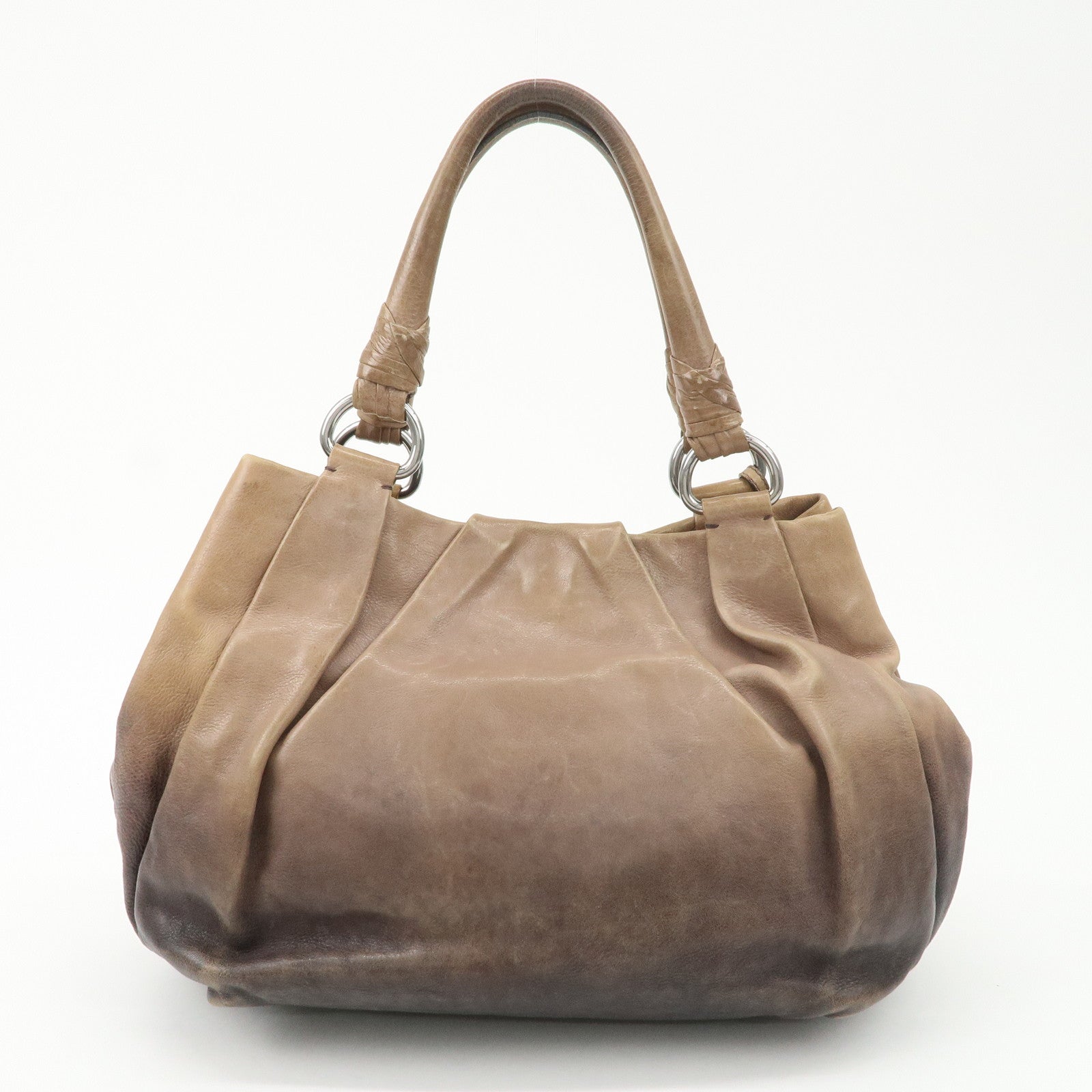 PRADA Logo Leather Tote Bag Shoulder Bag Silver HDW Black Beige