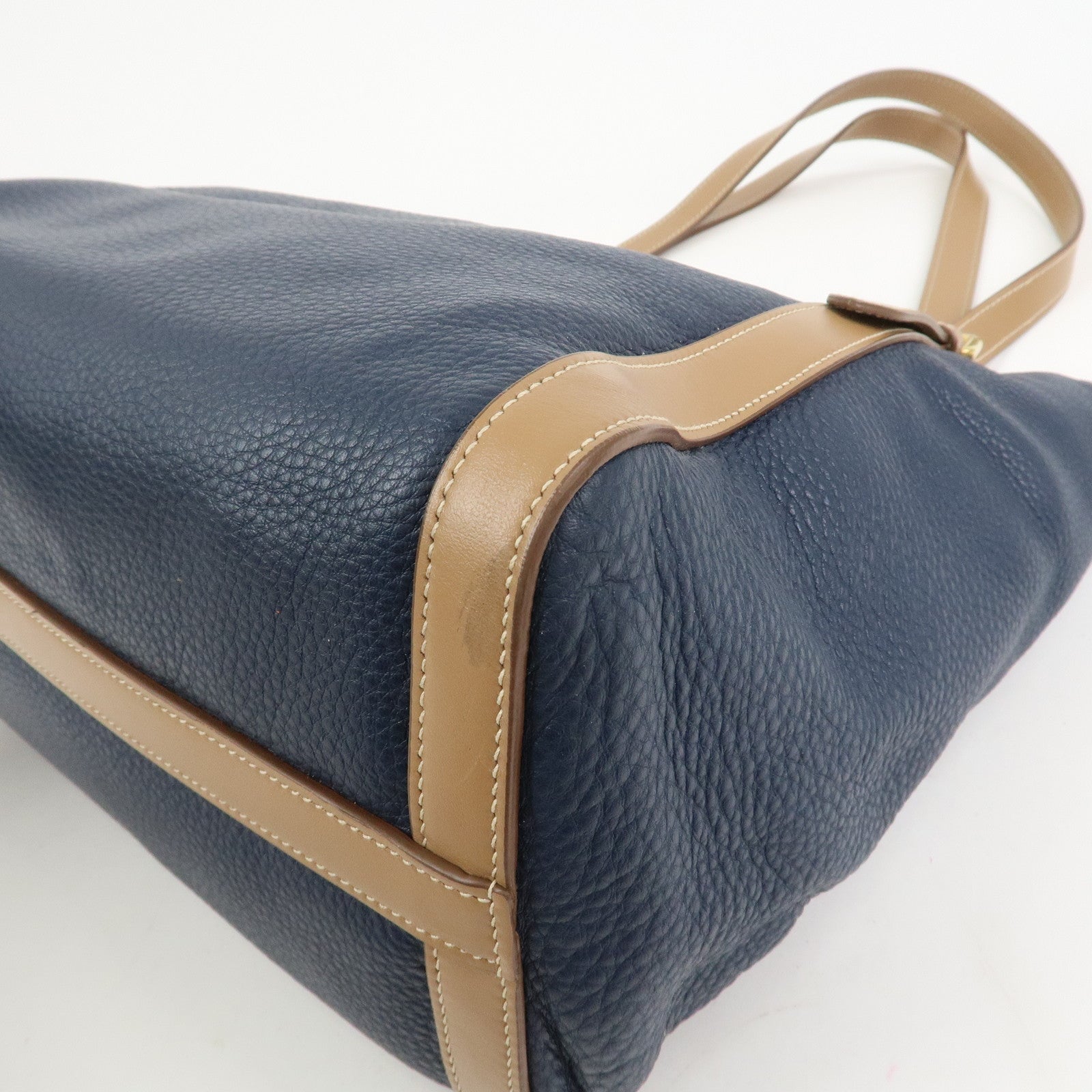 PRADA Logo Leather Tote Bag Shoulder Bag Navy Light Brown 1BG064