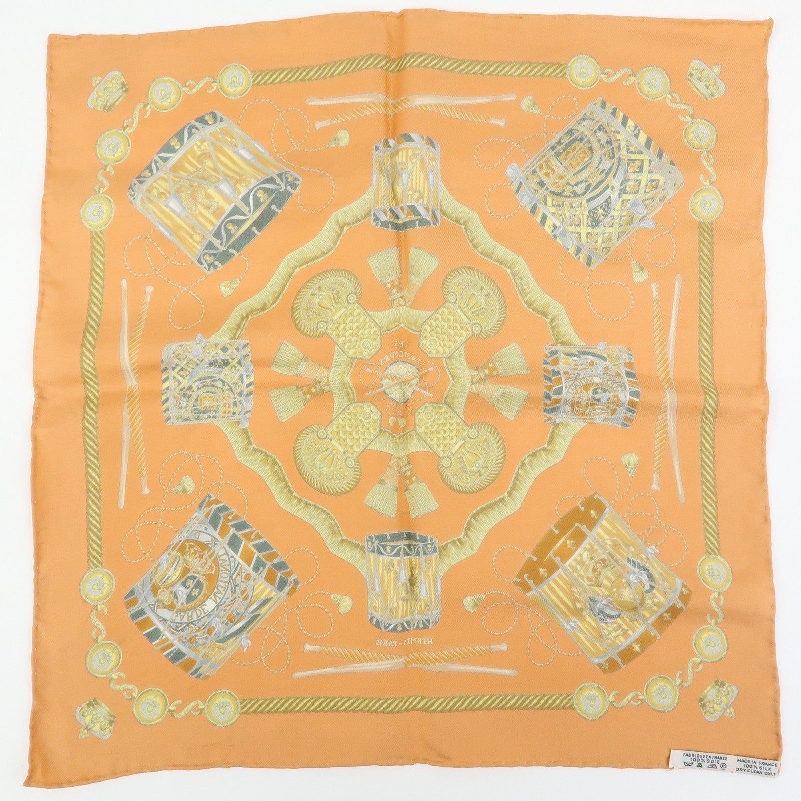HERMES Carre 45 Silk 100% Scarf LES TAMBOURS Drum Print Orange Gold