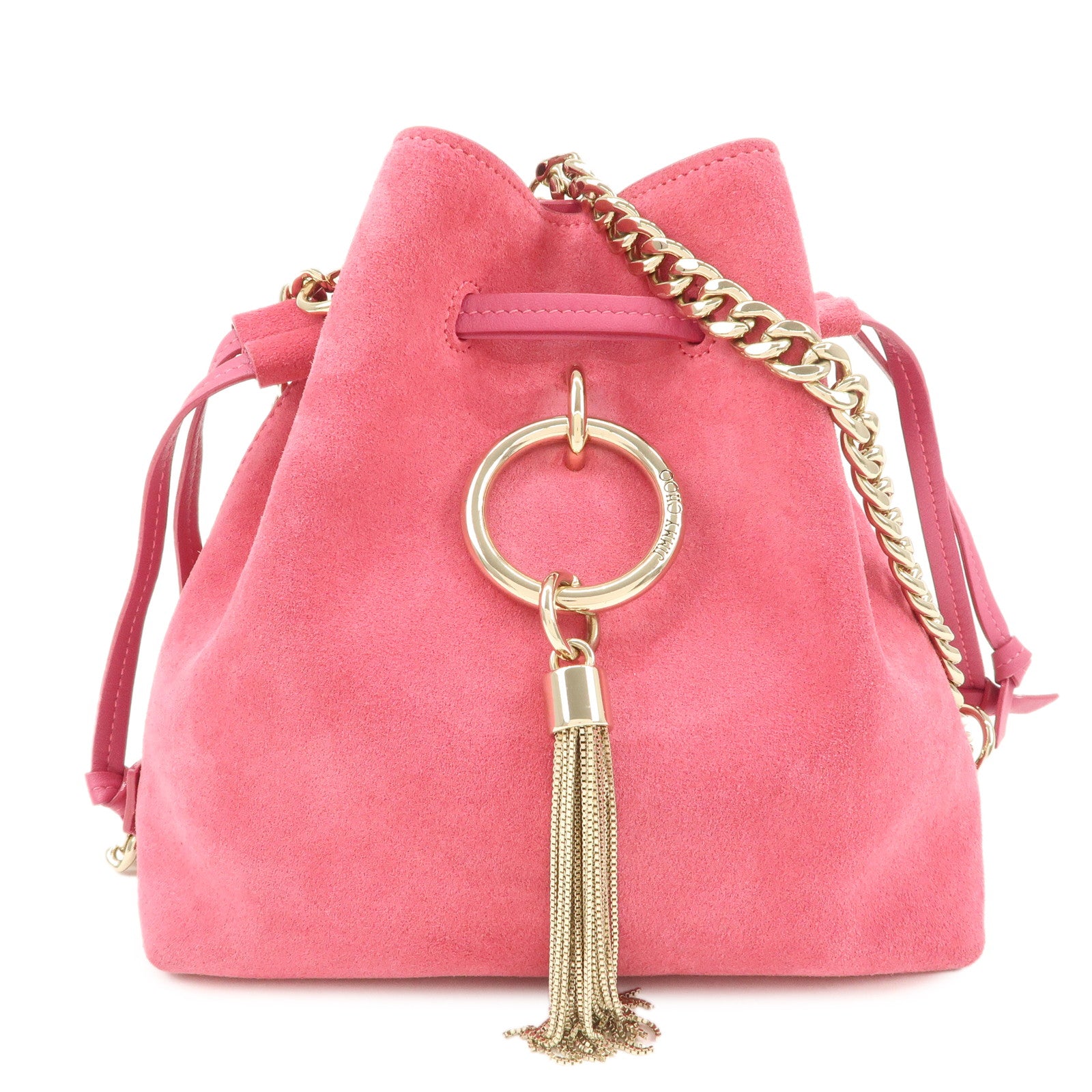 JIMMY CHOO Callie Drawstrings S Suede Chain Shoulder Bag Pink Used