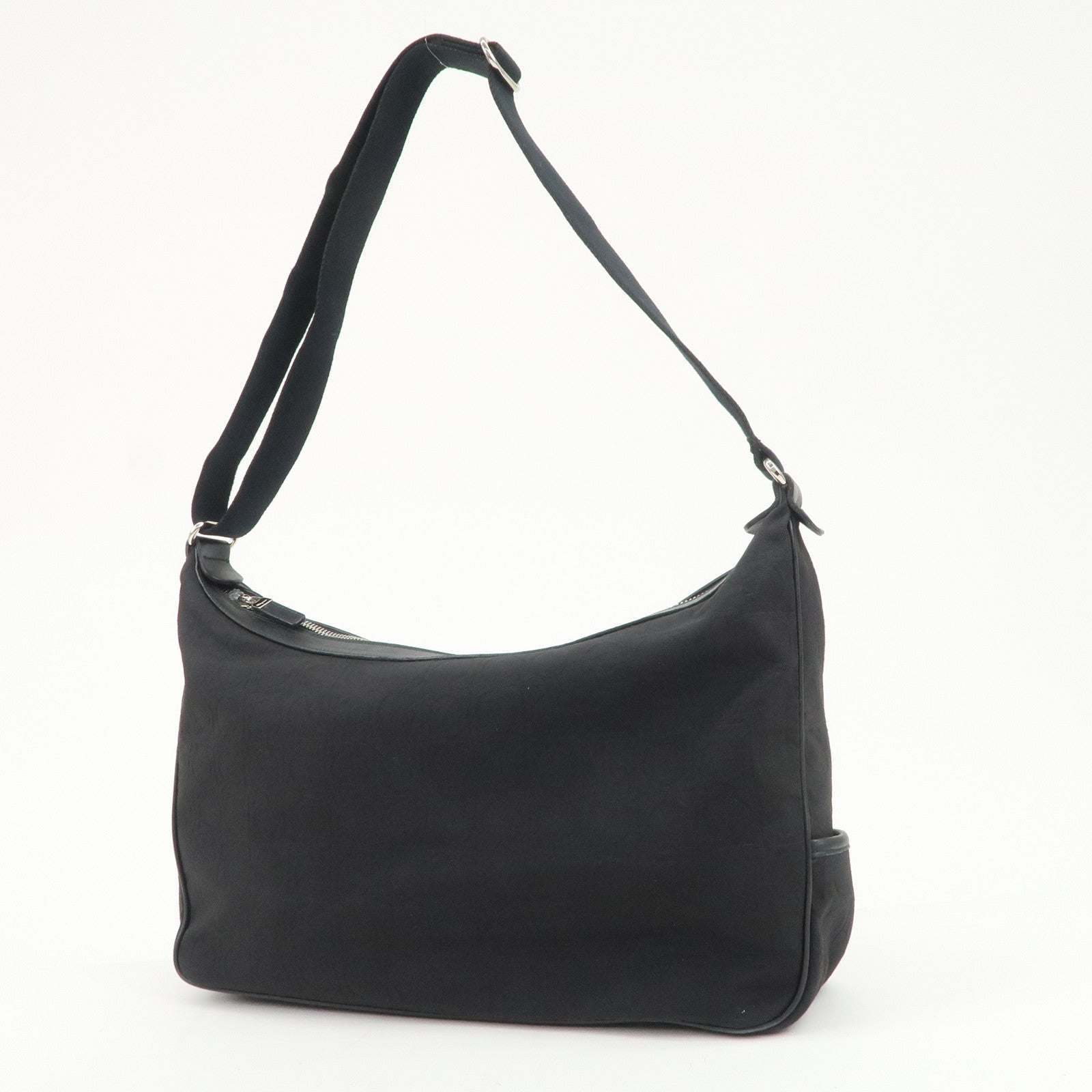 Ferragamo Gancini Logo Nylon Canvas Leather Shoulder Bag Black