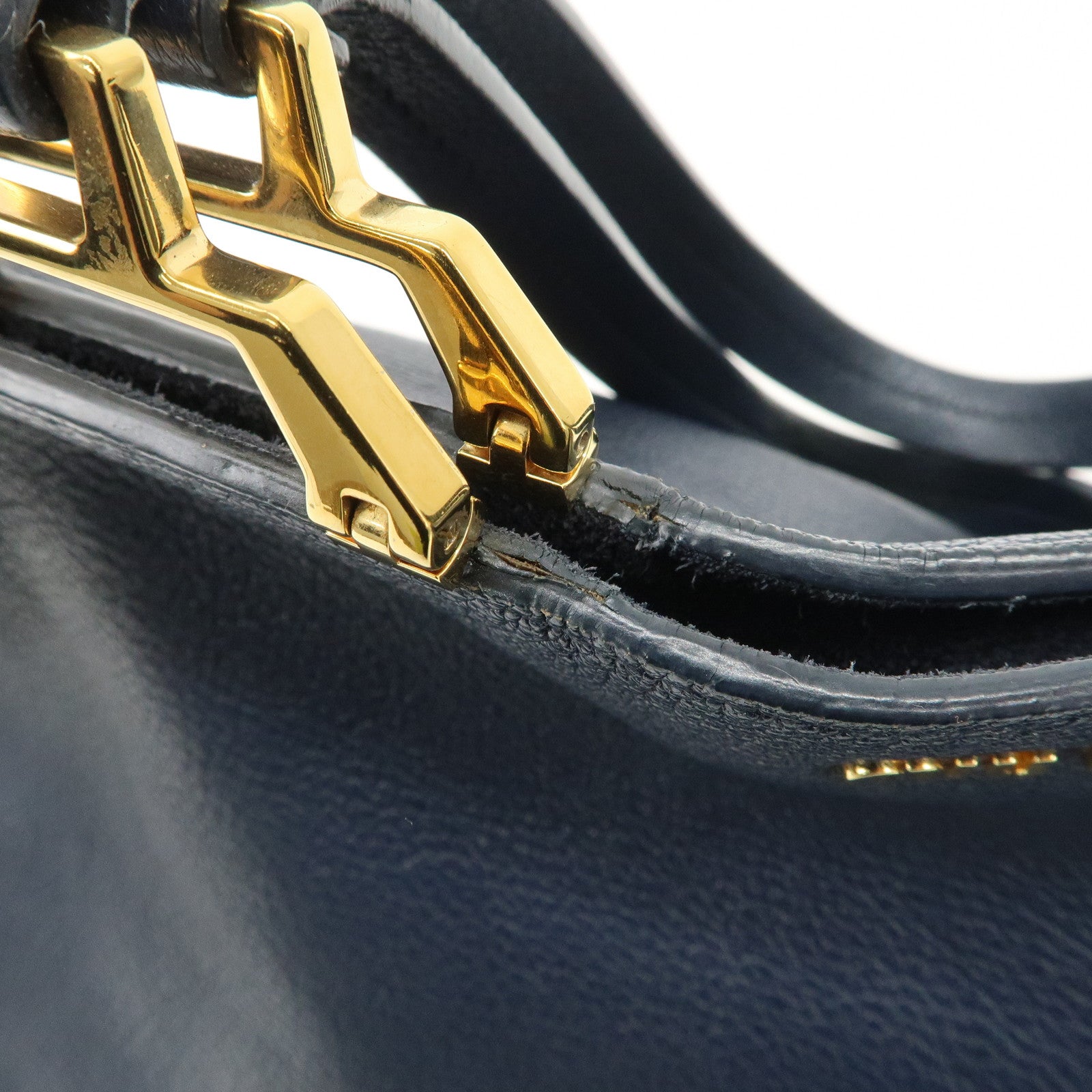 MIUMIU Logo Madras Leather Hand Bag Tote Bag Navy Gold Hardware Used