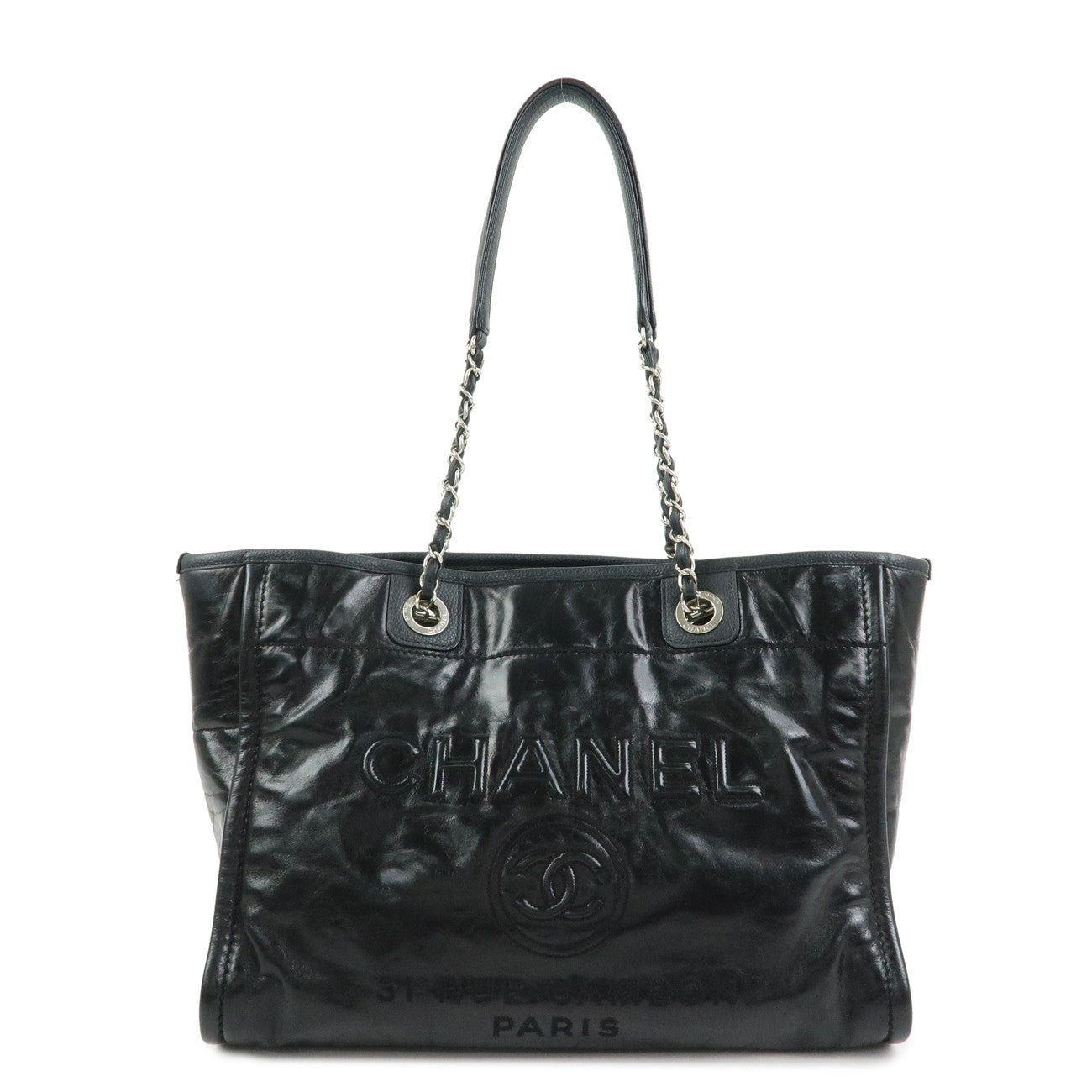 CHANEL Aged Calf Skin Caviarskin Deauville MM Tote Bag Black A93257