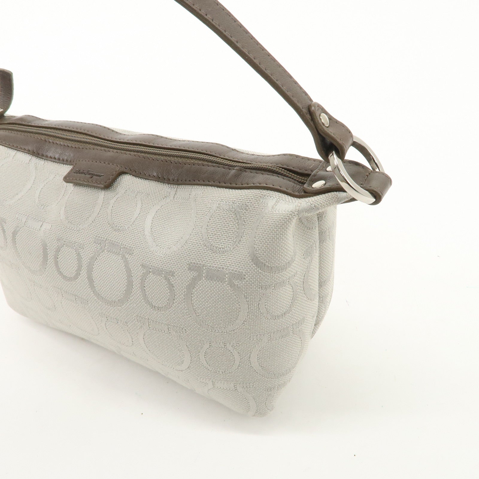 Ferragamo Gancini Leather Canvas Shoulder Bag Brown Silver Used