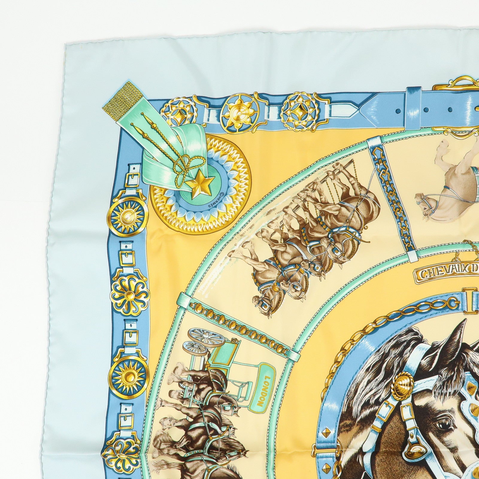 HERMES Carre 90 Silk 100% Scarf CHEVAUX DE TRAIT Light Blue Yellow