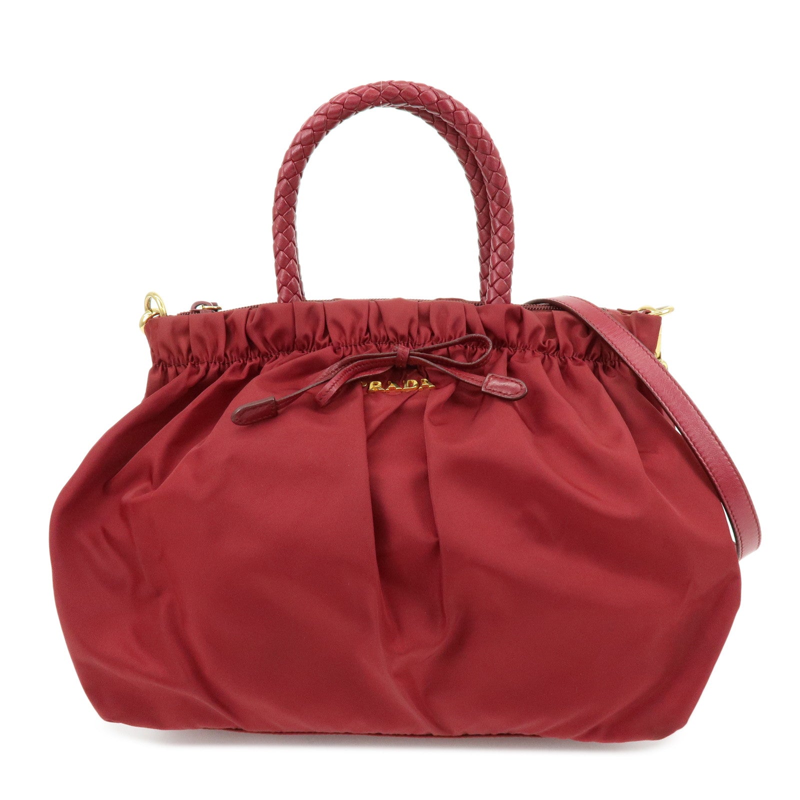 PRADA Nylon Leather Ribbon 2Way Bag Hand Bag Shoulder Bag Red