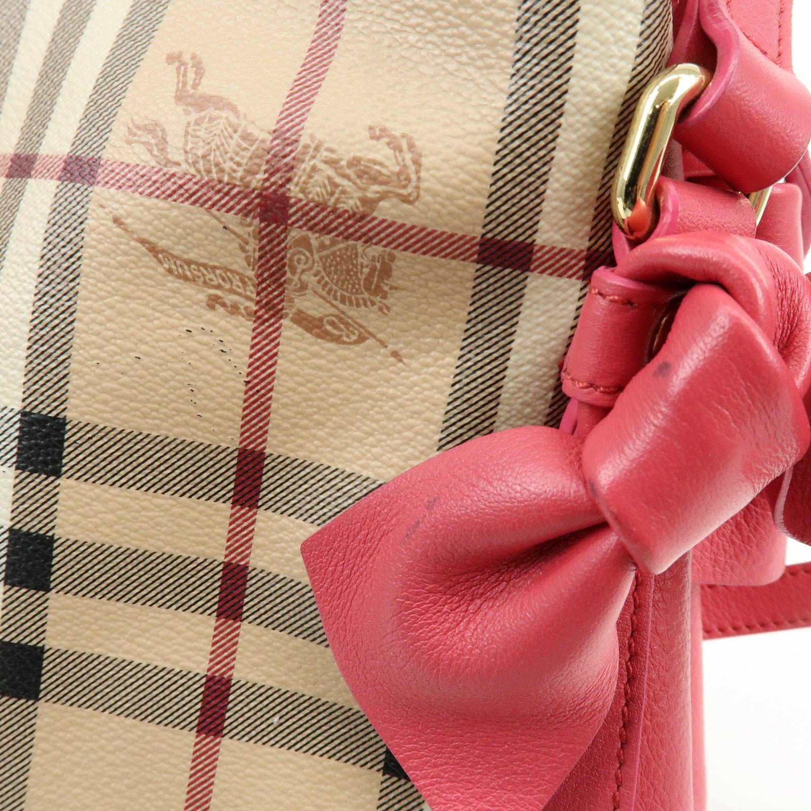 BURBERRY Side Ribbon PVC Leather Hand Bag Nova Plaid Brown Pink