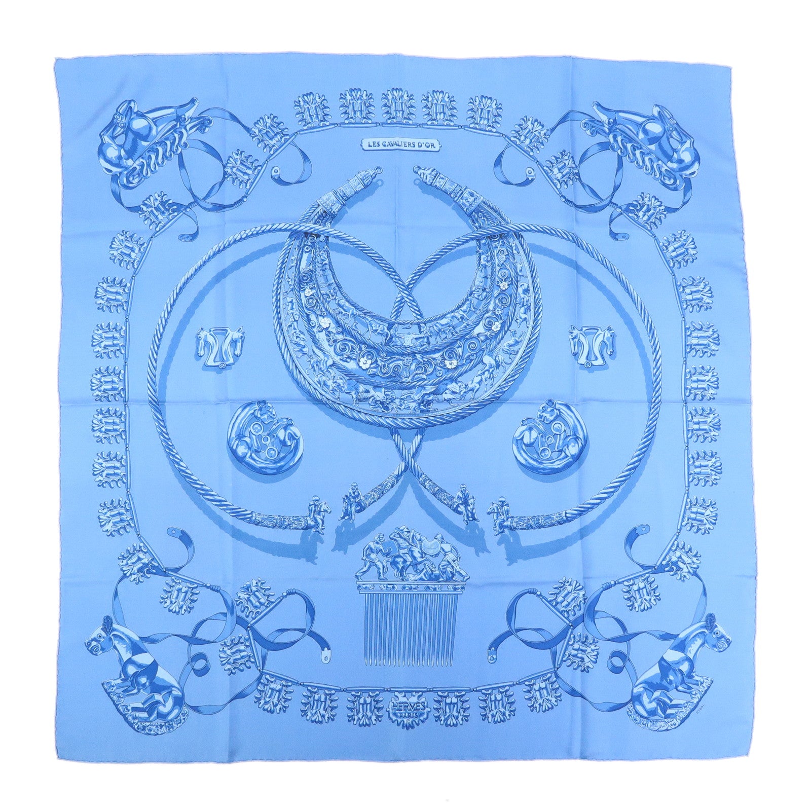 HERMES Carre 90 Silk 100% LES CAVALIERS D'OR Scarf Light Blue