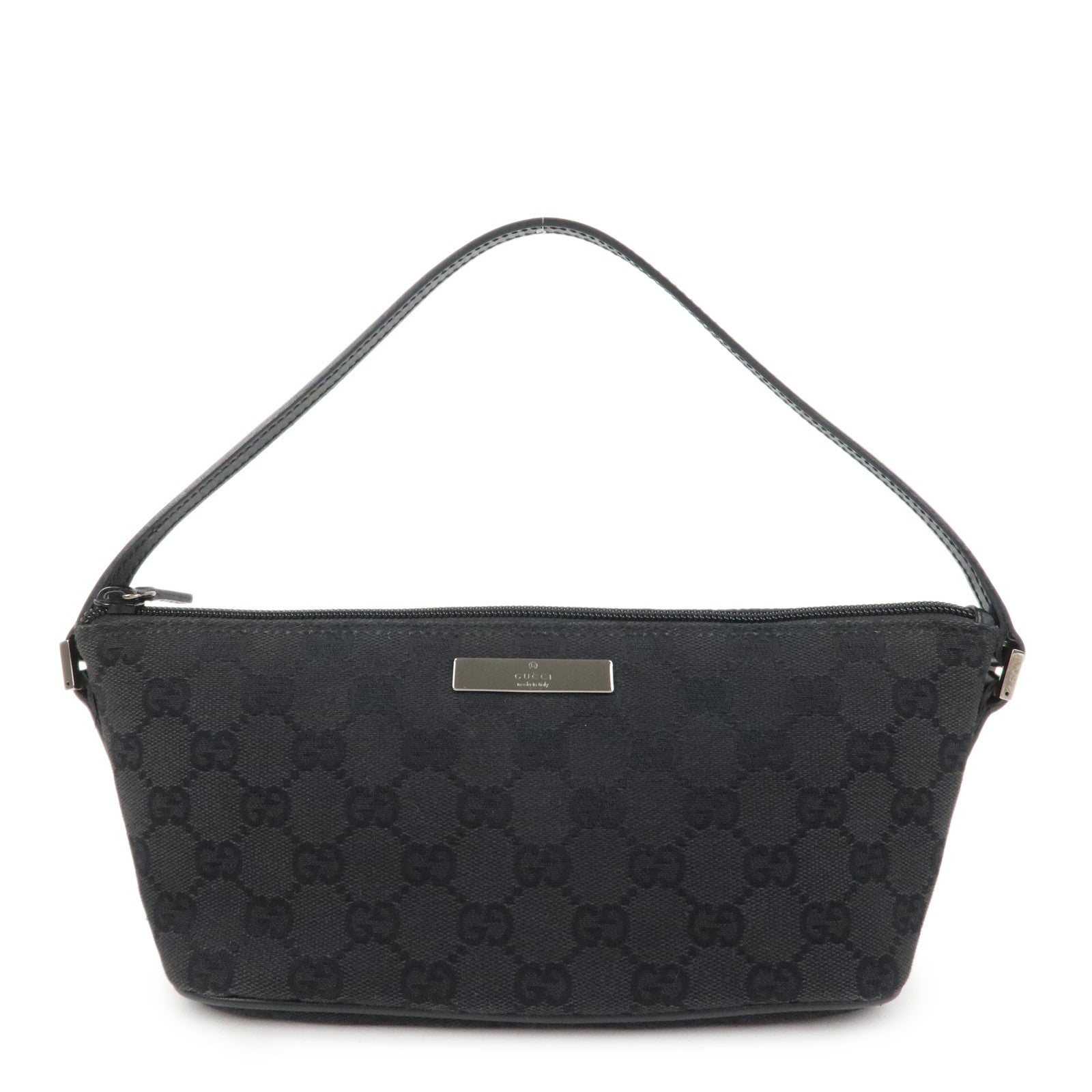 GUCCI Boat Bag GG Canvas Leather Hand Bag Pouch Black 07198