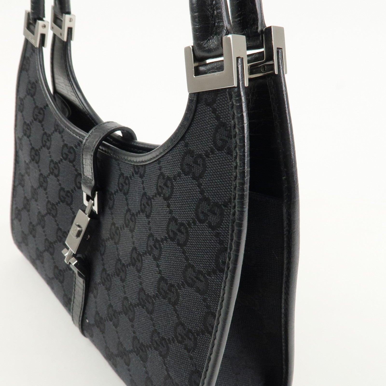 GUCCI Jackie GG Canvas Leather Shoulder Bag Hand Bag Black 01721 Used