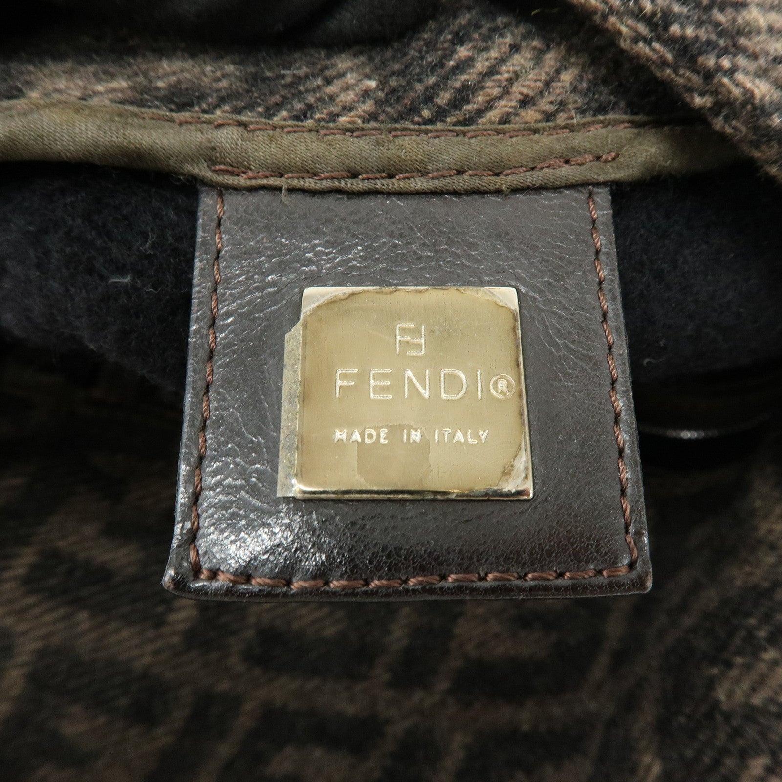 FENDI Mamma Baguette Zucca Wool Leather Shoulder Bag Brown 26325