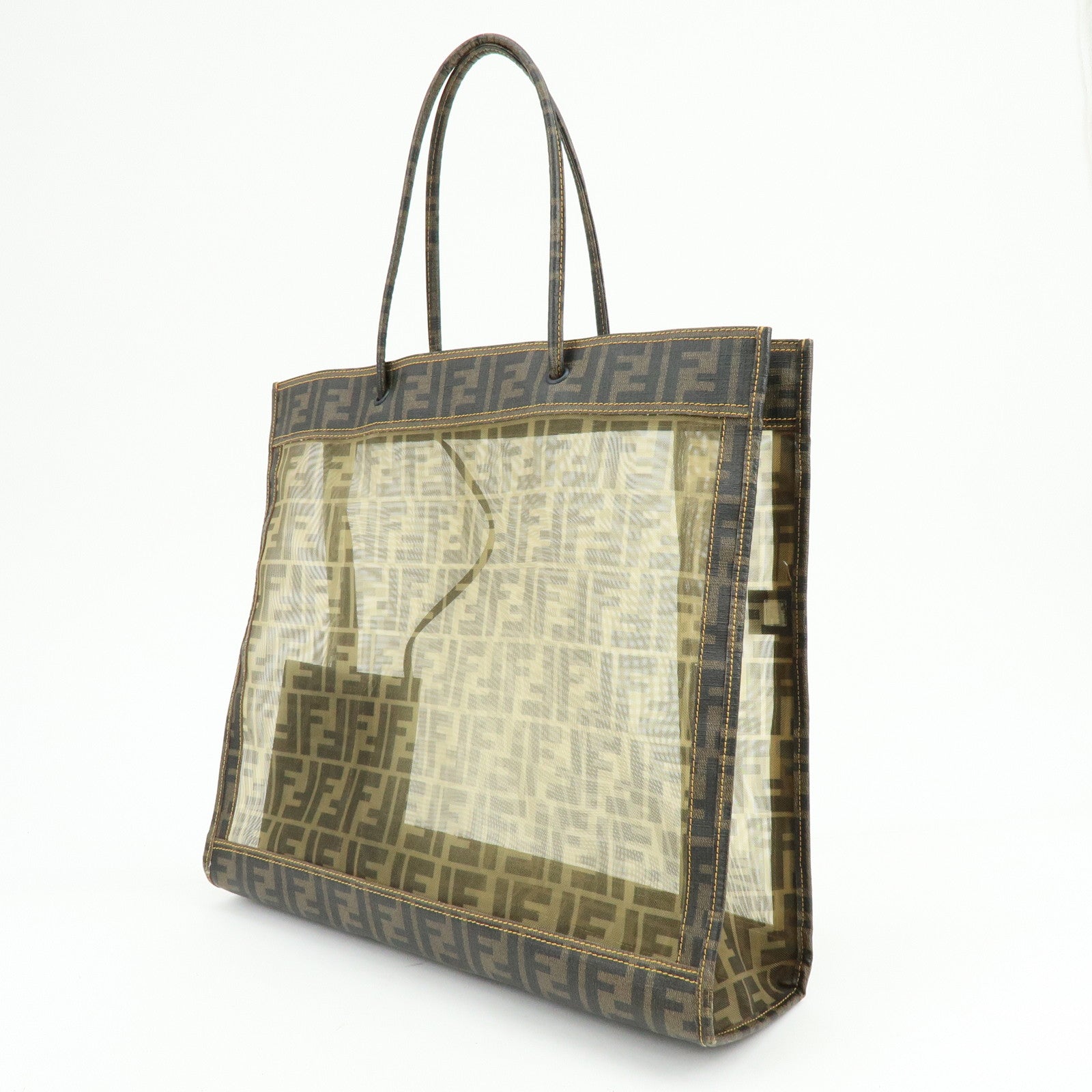 FENDI Zucca Mesh PVC Coated Tote Bag Shoulder Bag Brown 8BH184