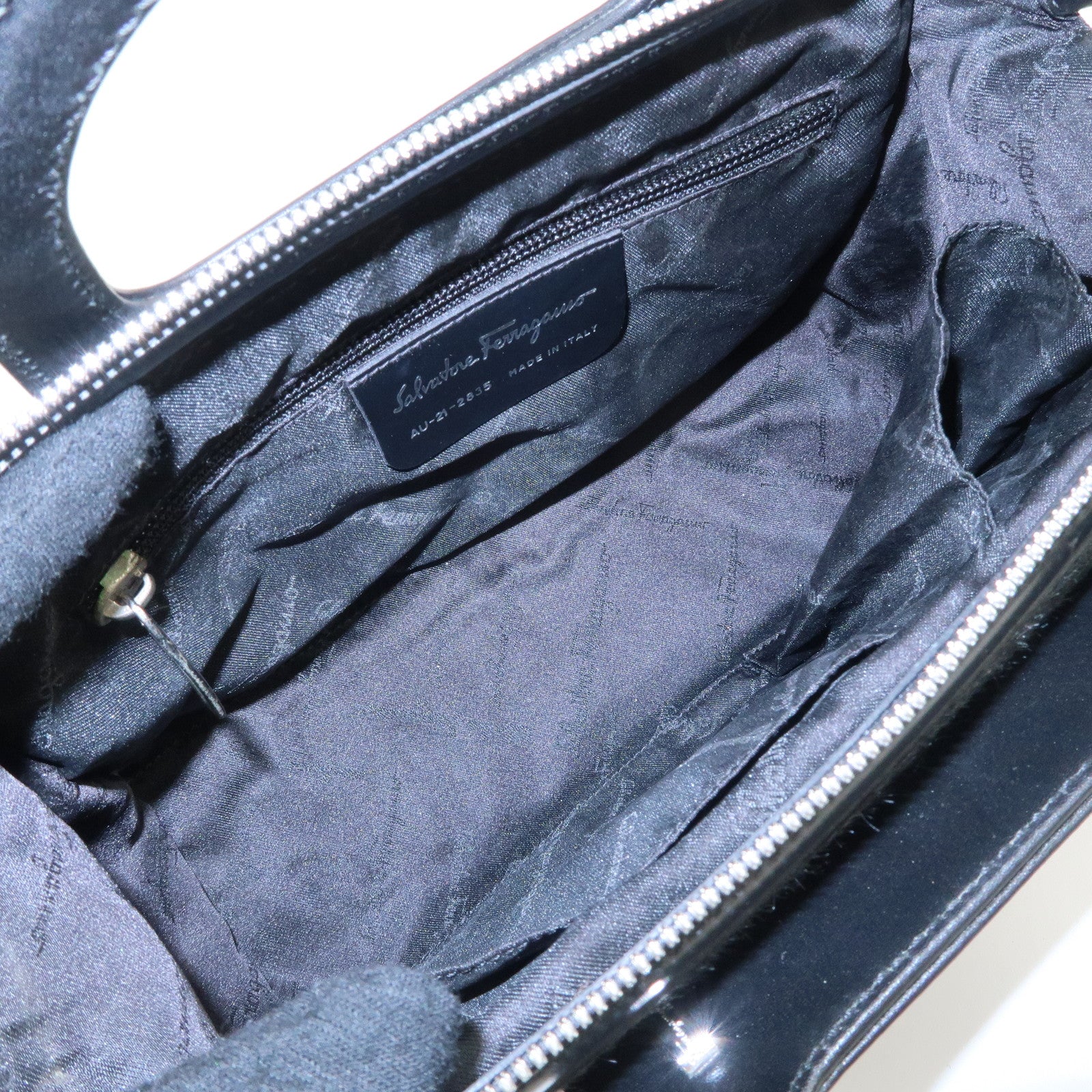 Ferragamo Gancini Leather Unborn Calf Hand Bag Black Used