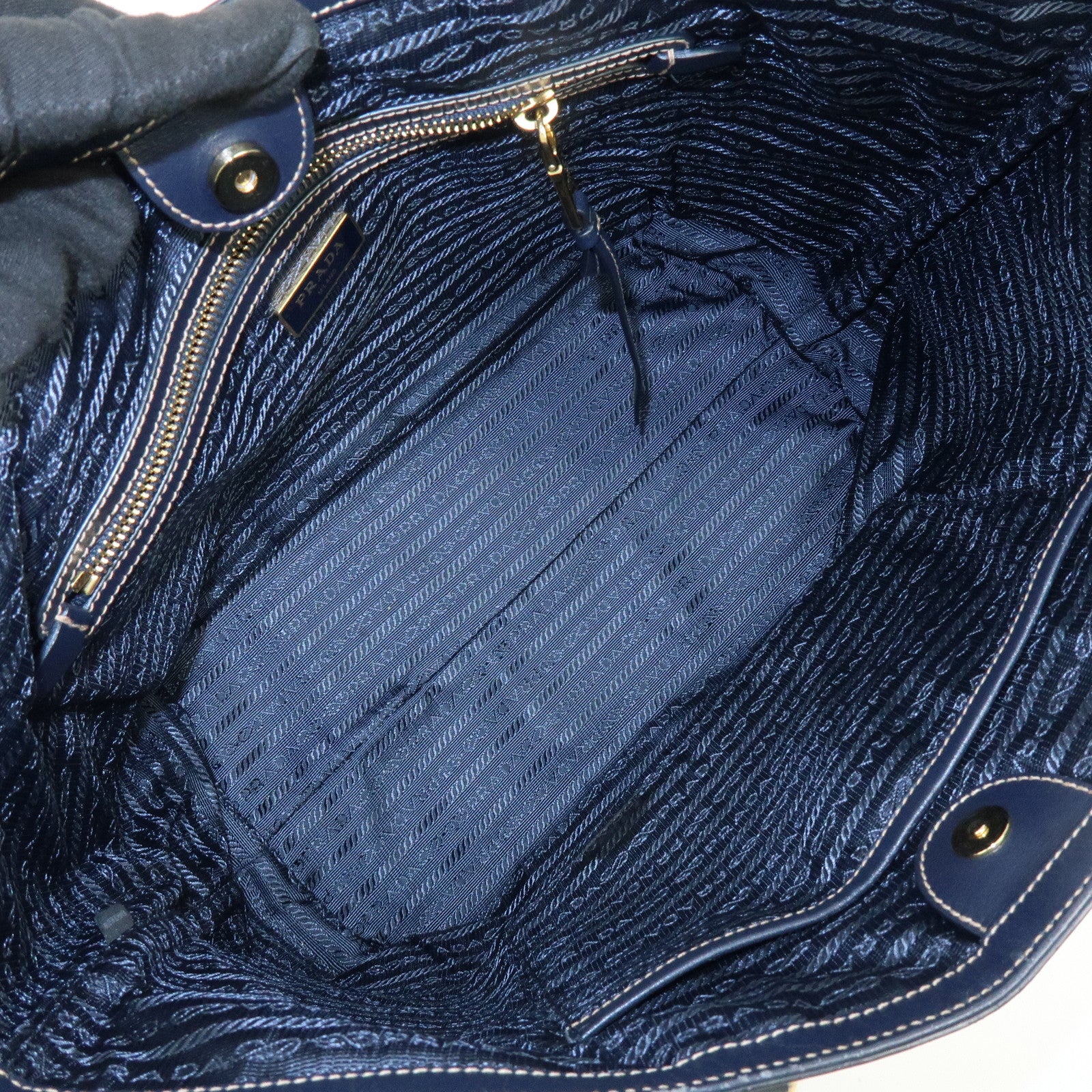 PRADA Logo Jacguard Leather Tote Bag Hand Bag Beige Navy