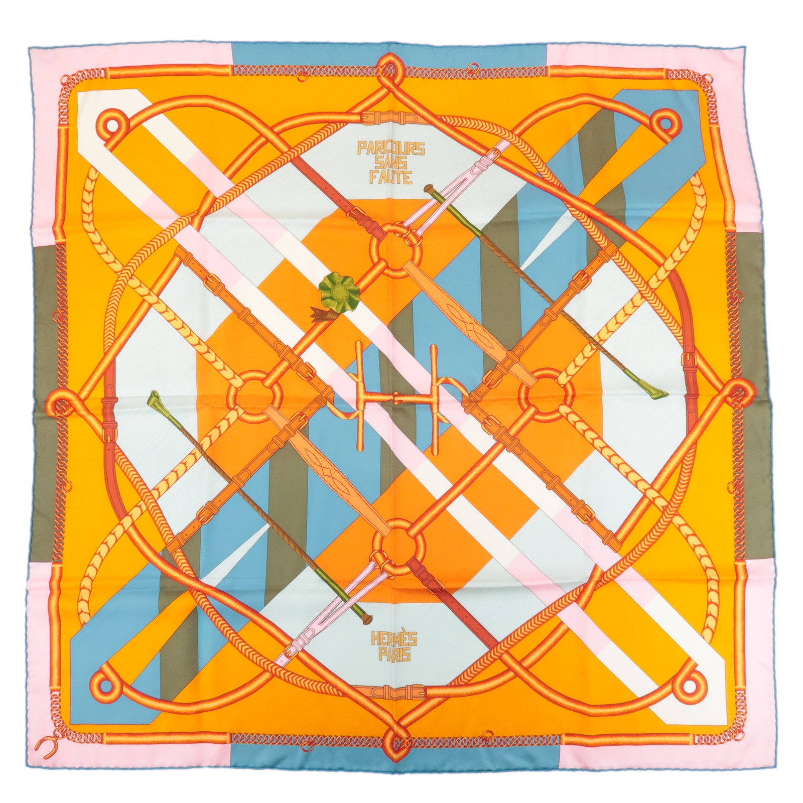 HERMES Carre 90 Silk 100% Scarf PARCOURS SANS FAUTE Orange Blue Used