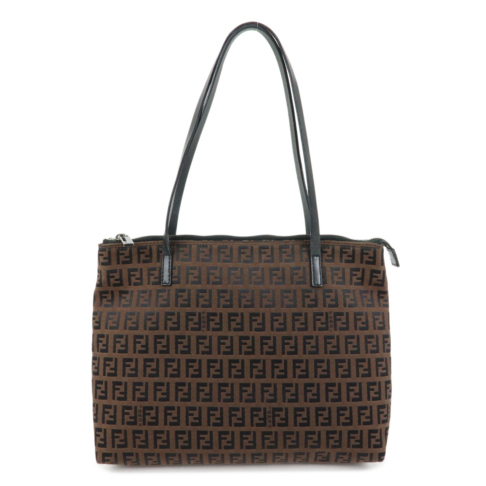 FENDI Zucchino Canvas Leather Tote Bag Hand Bag Brown Black 8BH022