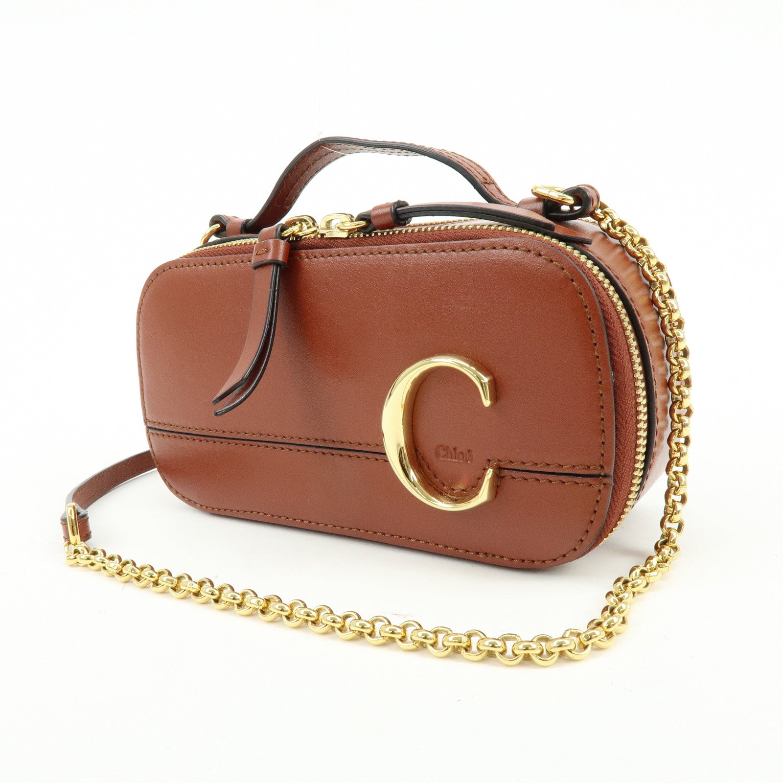 Chloe Leather 2Way Chain Shoulder Bag Mini Vanity Bag Brown