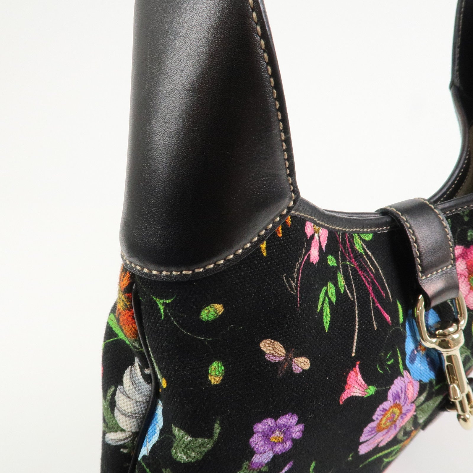 GUCCI Canvas Leather Shoulder Bag Flower Print Black 153029
