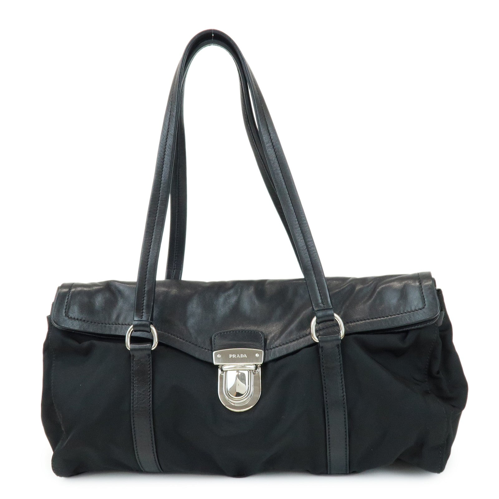PRADA Triangle Logo Nylon Nappa Leather Shoulder Bag Black BR2613