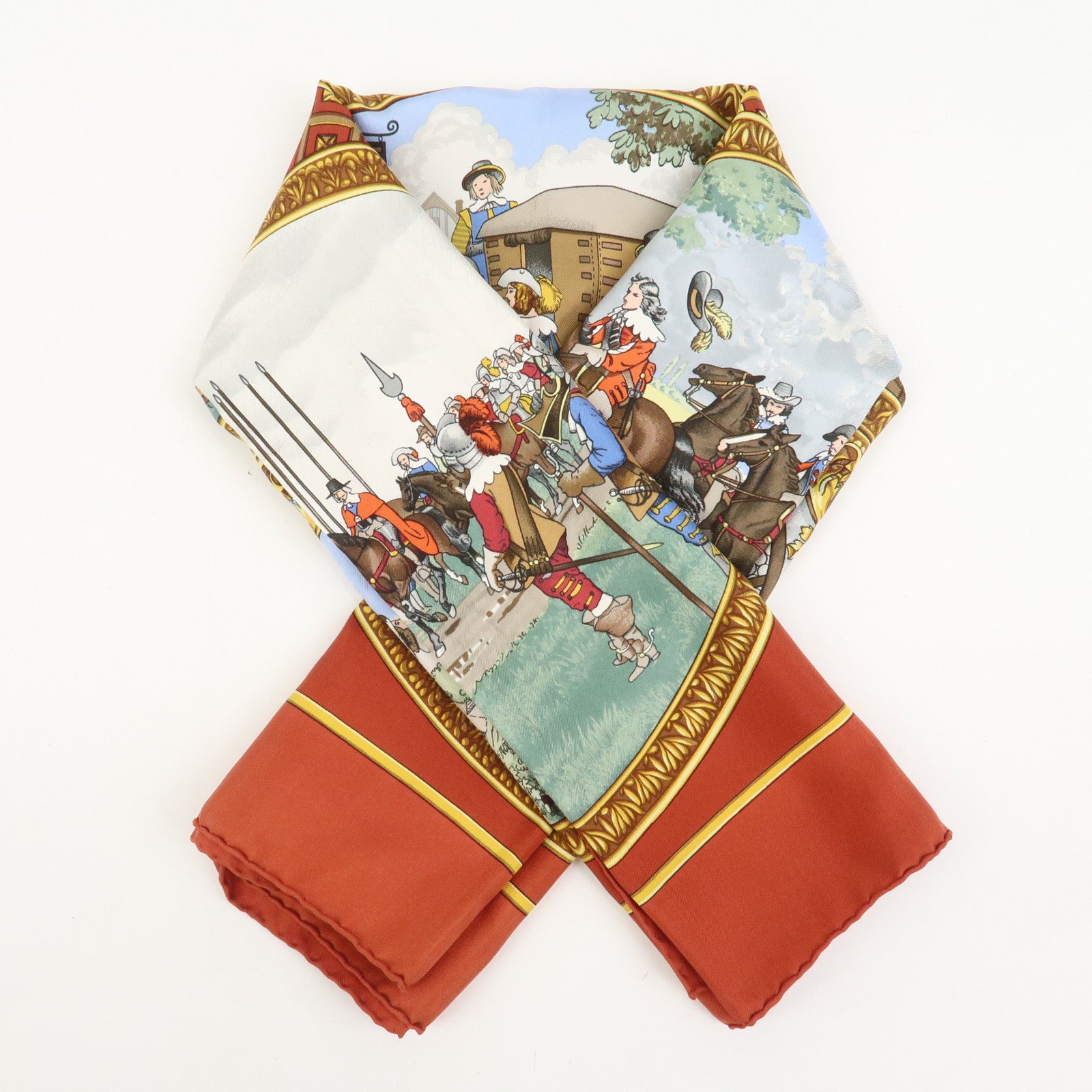 HERMES Carre 90 Silk 100% Scarf Les Trois Mousquetaires Red