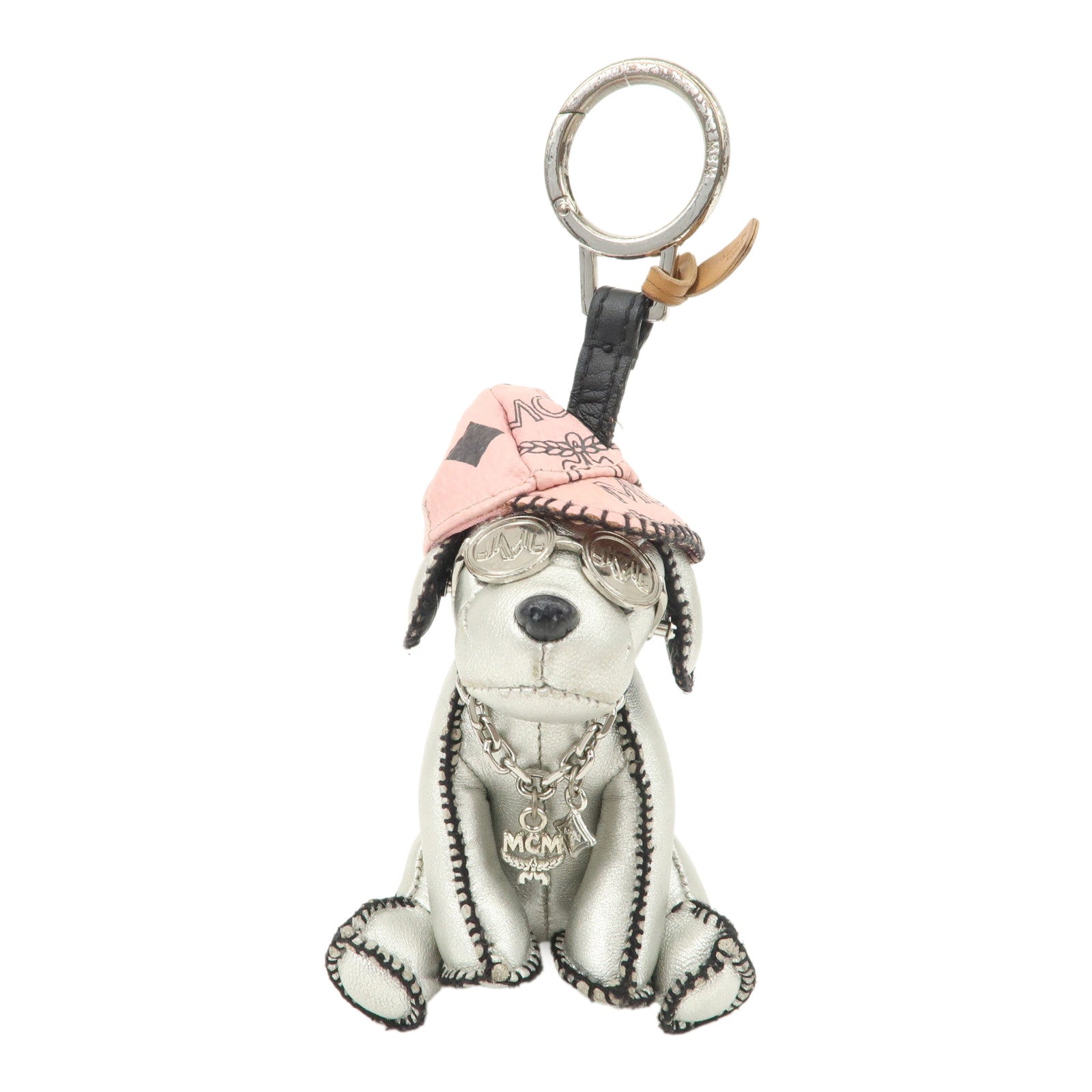 MCM Dog Motif Leather Bag Charm Key Chain Silver Pink