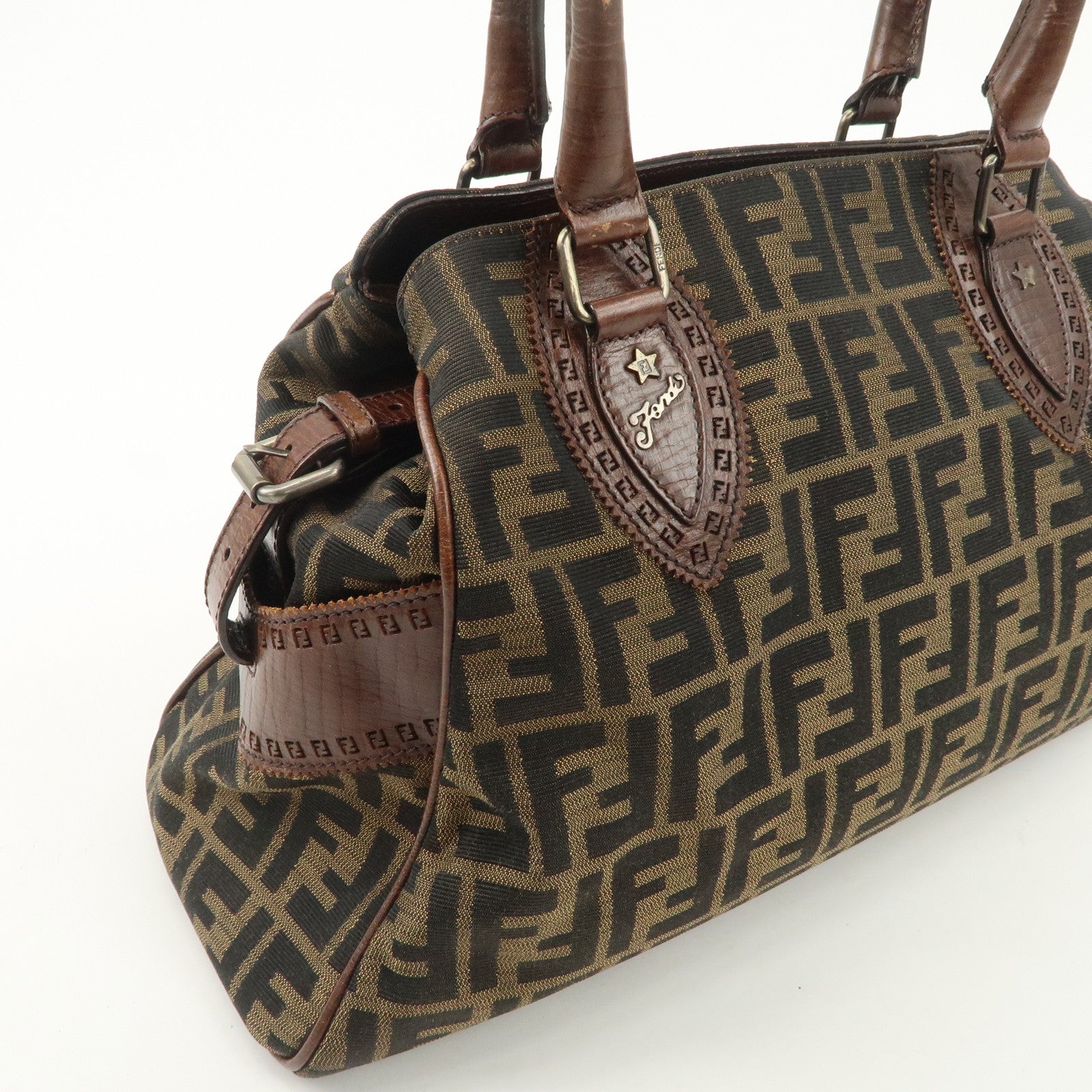 FENDI Zucca Canvas Leather Tote Bag Hand Bag Black Brown 8BN162 Used