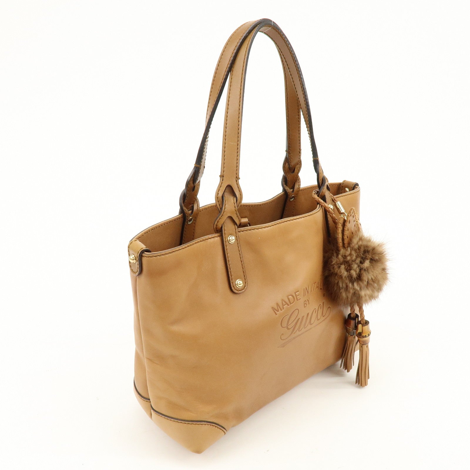 GUCCI Script Logo Leather Fur Tote Bag Fur Pouch Brown 269878