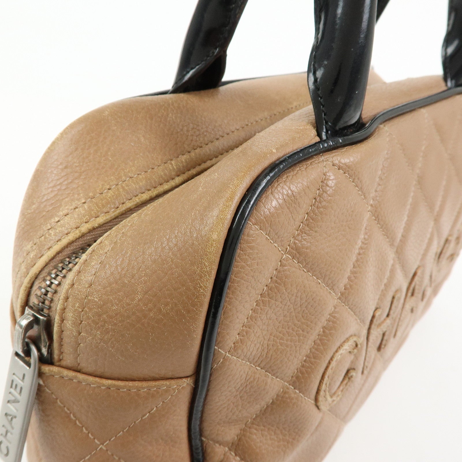CHANEL Caviarskin Patent Leather Mini Boston Hand Bag Brown Black