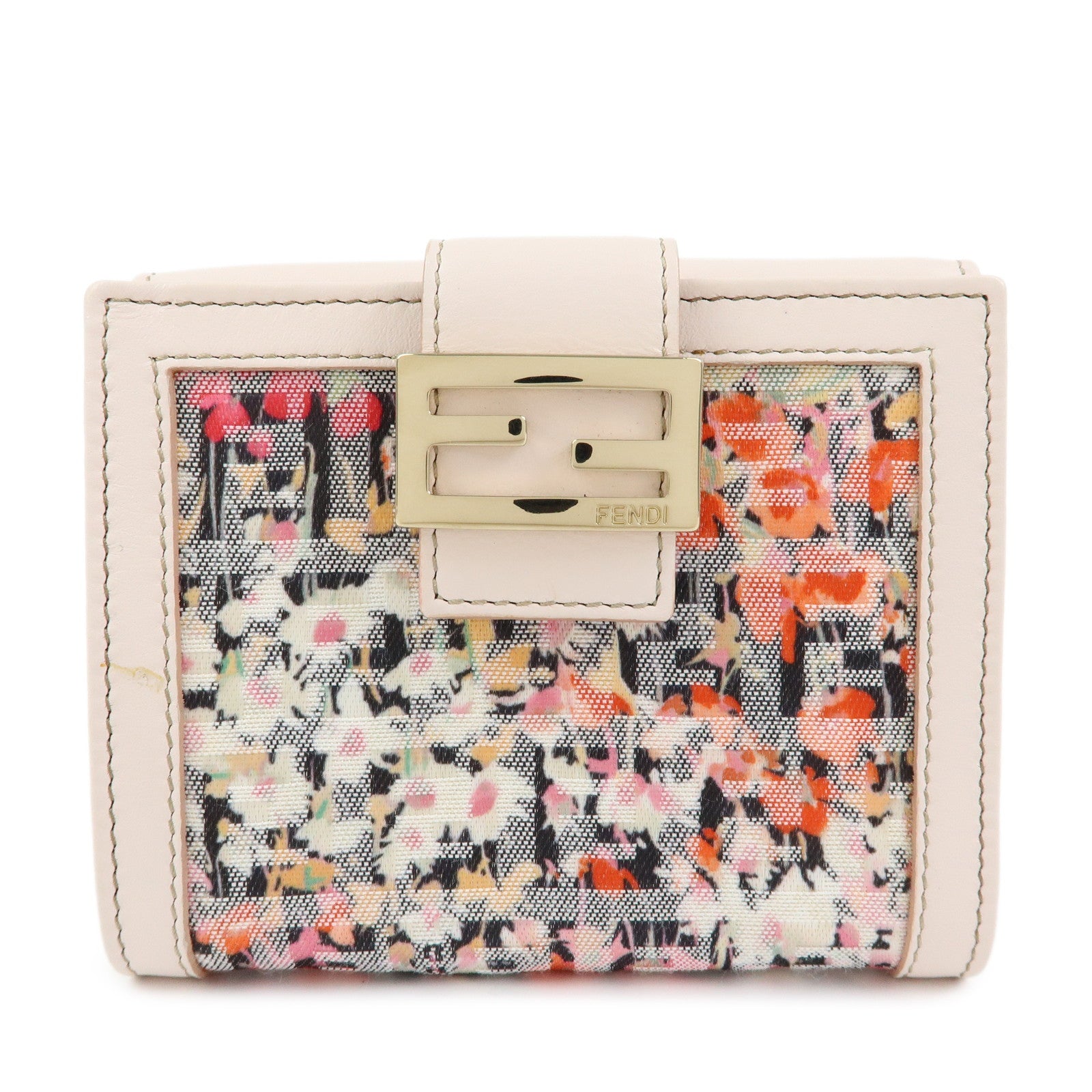 FENDI Zucchino Flower Canvas Leather Compact Wallet Pink 8M0188