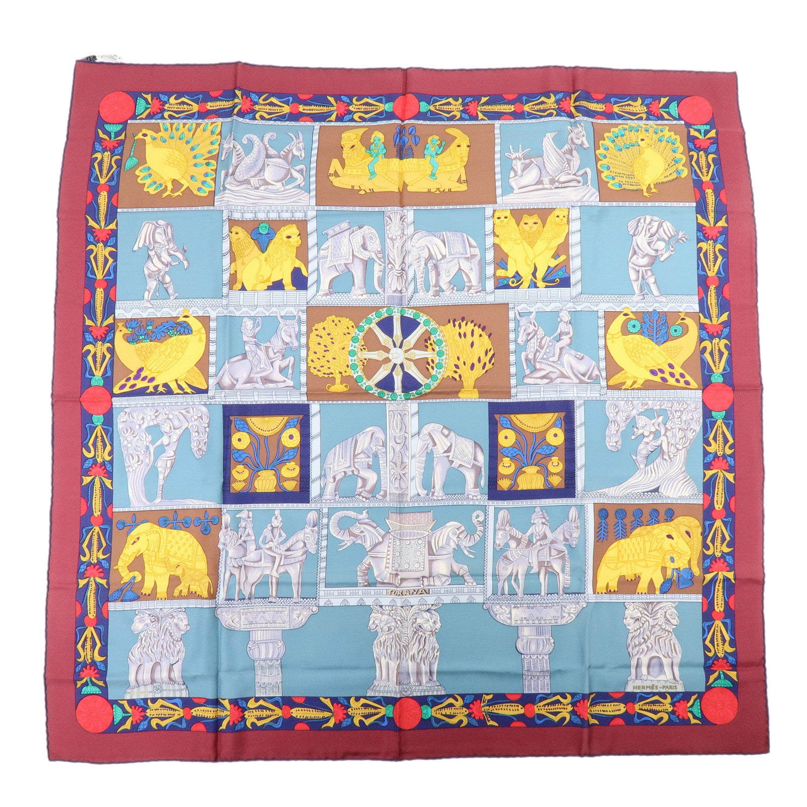 HERMES Carre 90 Silk 100% Scarf TORANA Blue Green Gold
