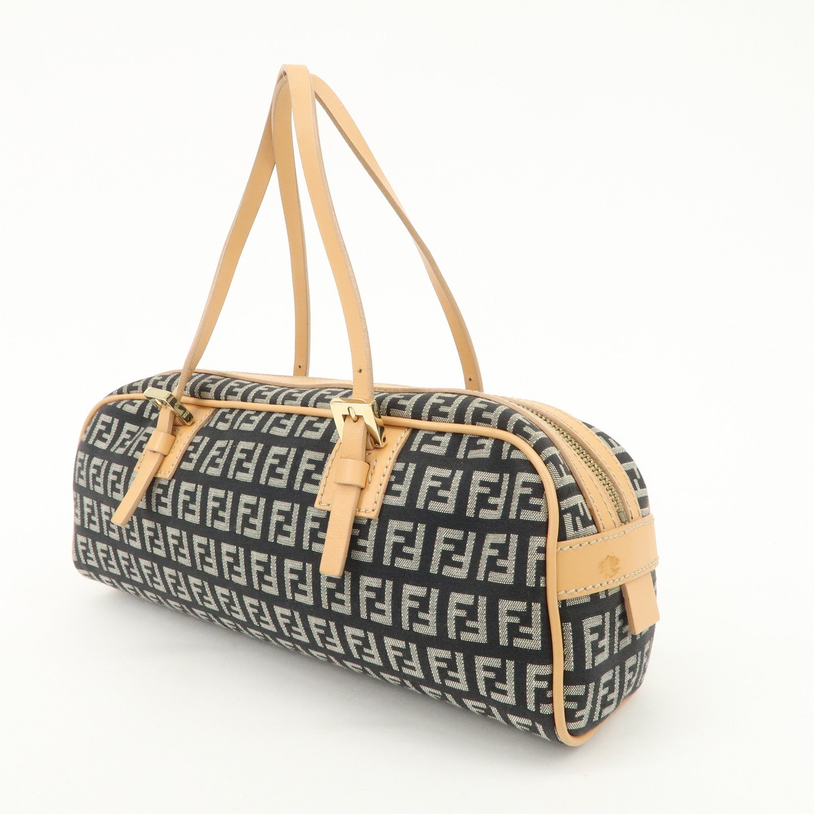 FENDI Zucchino Canvas Leather Mini Boston Bag Hand Bag Black 8BL007