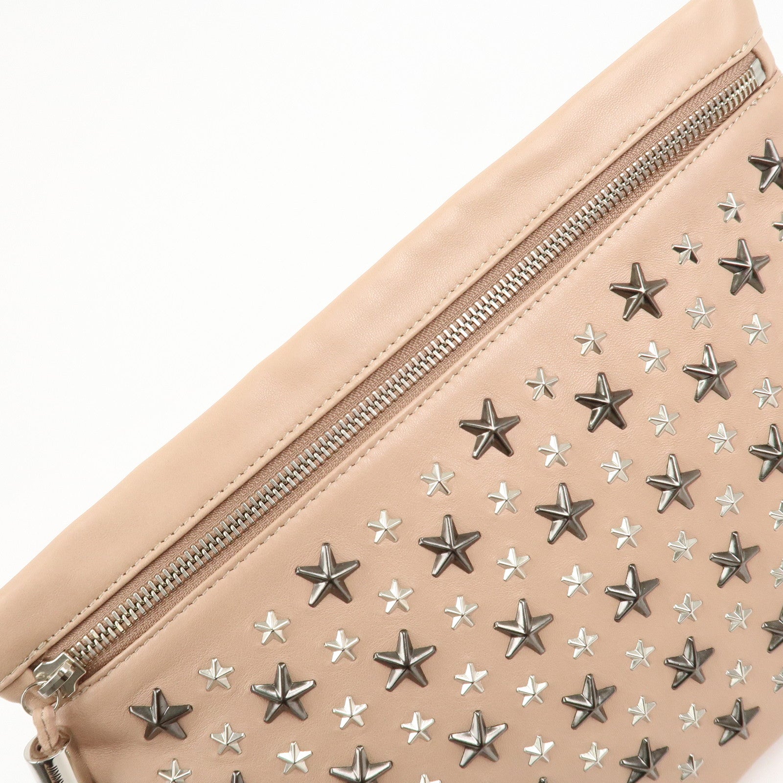 JIMMY CHOO Studs Leather Clutch Bag Hand Bag Pink Beige