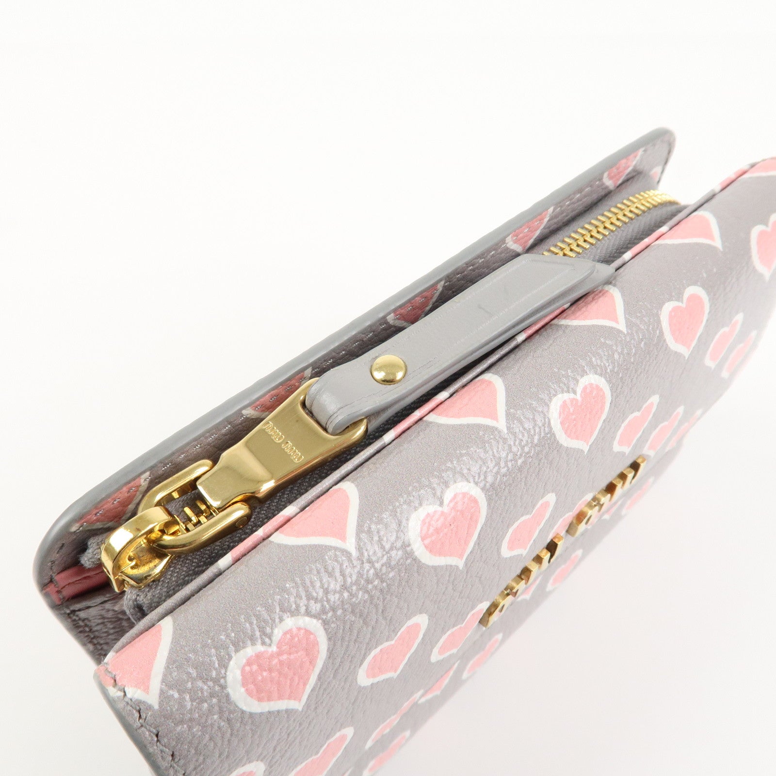 MIU MIU Leather Heart BI-fold Wallet Pink Gray Gold Hardware 5ML014 Used