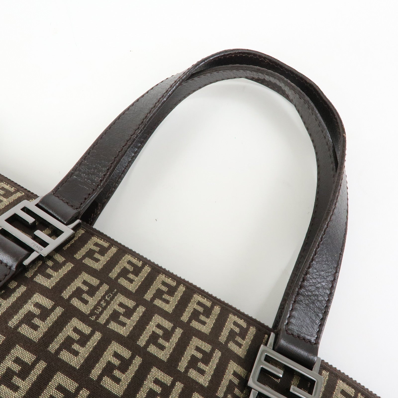 FENDI Zucchino Canvas Leather Tote Bag Hand Bag Brown 8BH138