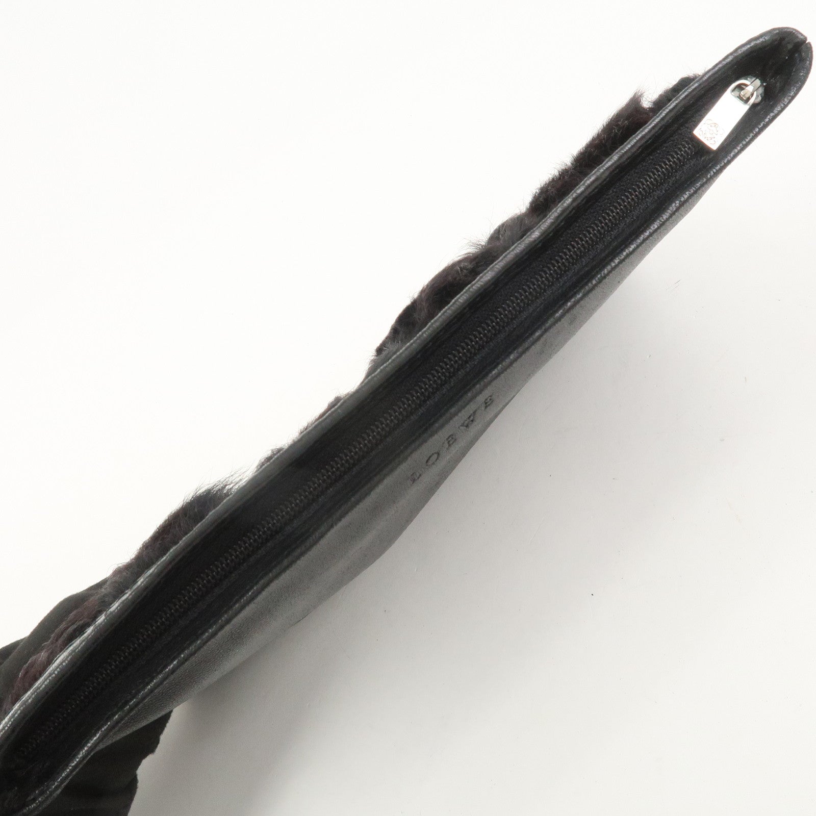 LOEWE Logo Fur Leather Cosmetic Pouch Black