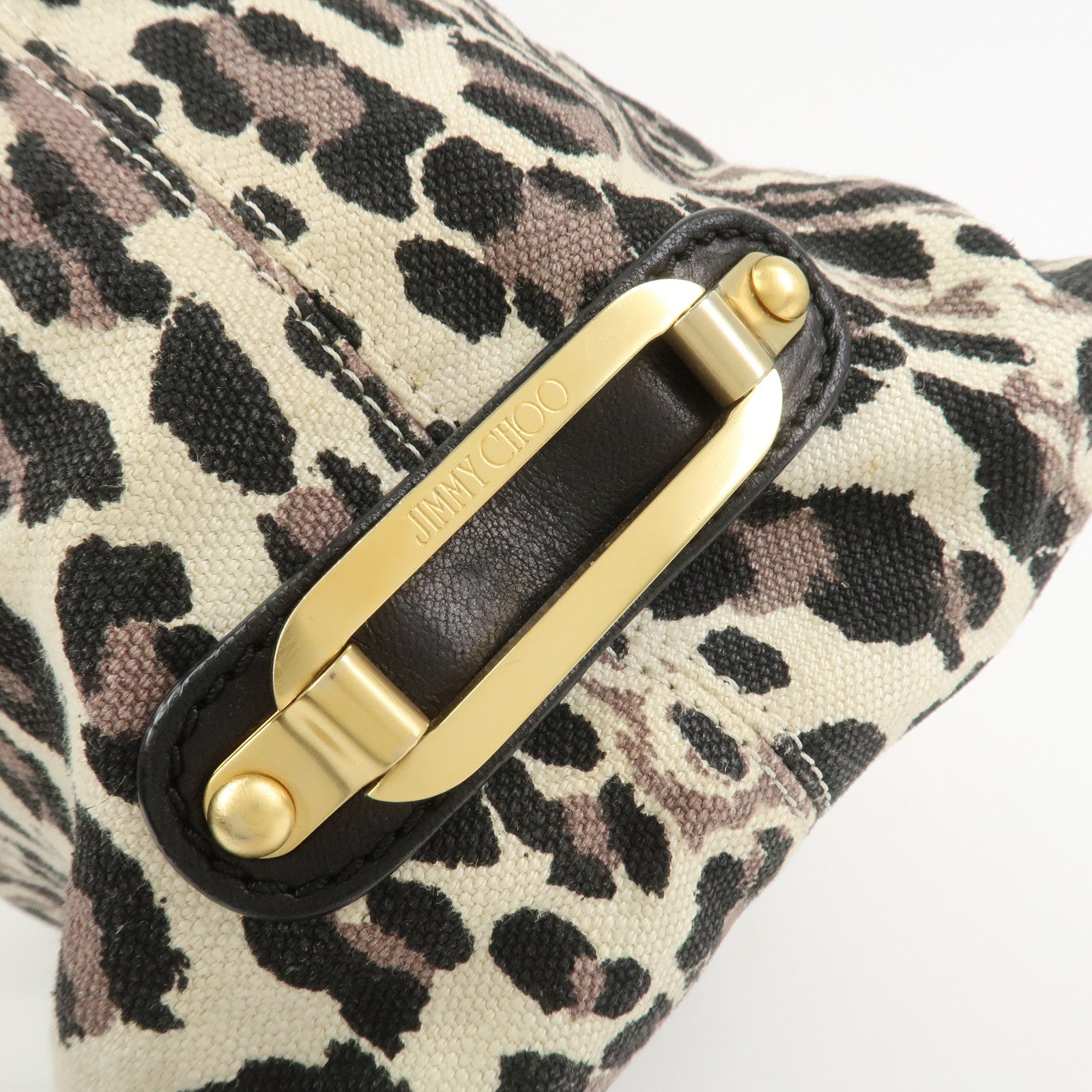 JIMMY CHOO Leopard Canvas Leather Tote Bag Shoulder Bag Ivory Black