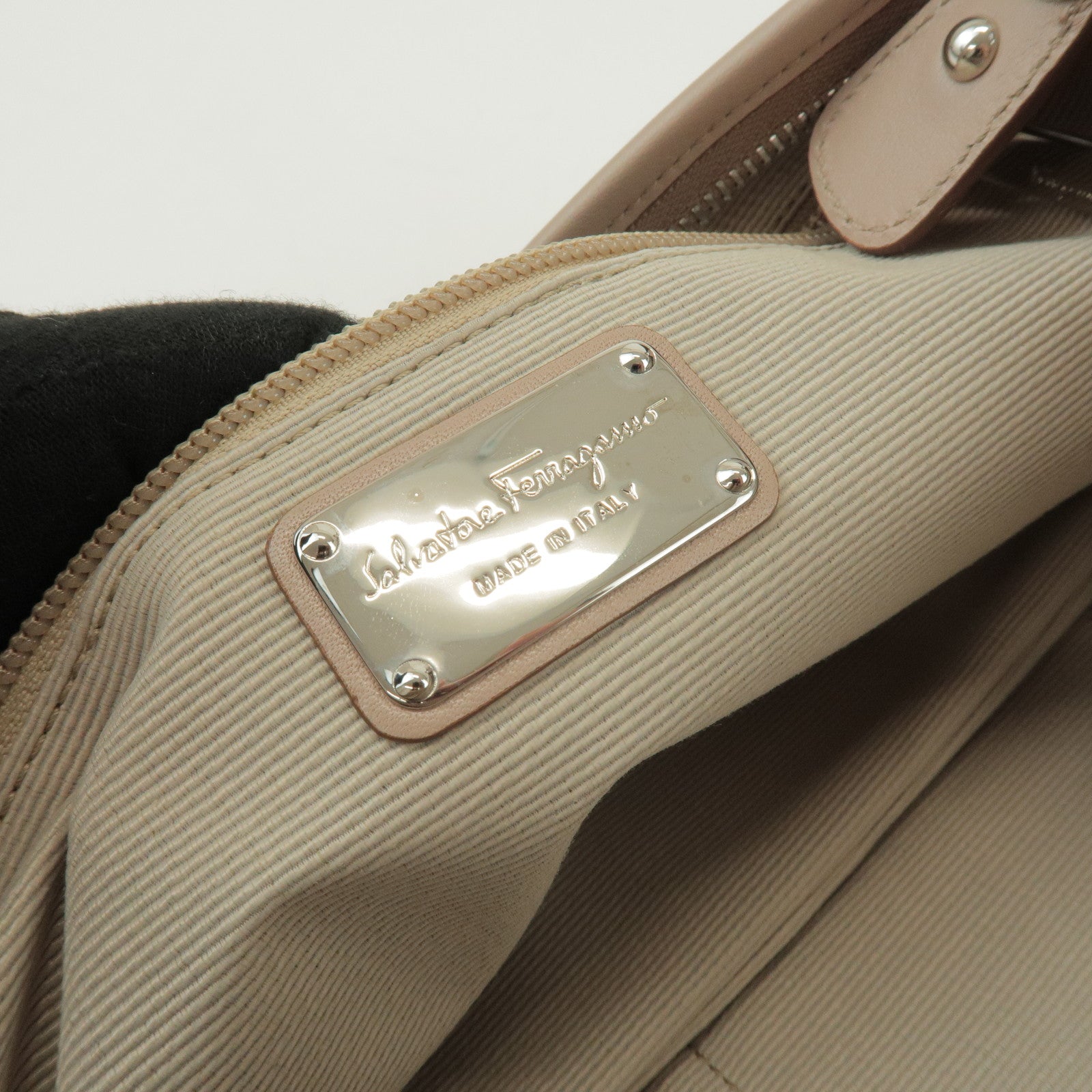 Ferragamo Gancini Nylon Leather Hand Bag Shoulder Bag Beige Brown