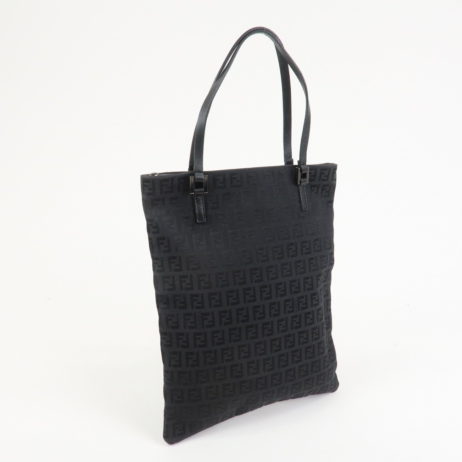 FENDI Zucchino Canvas Leather Tote Bag Hand Bag Black 8BH050