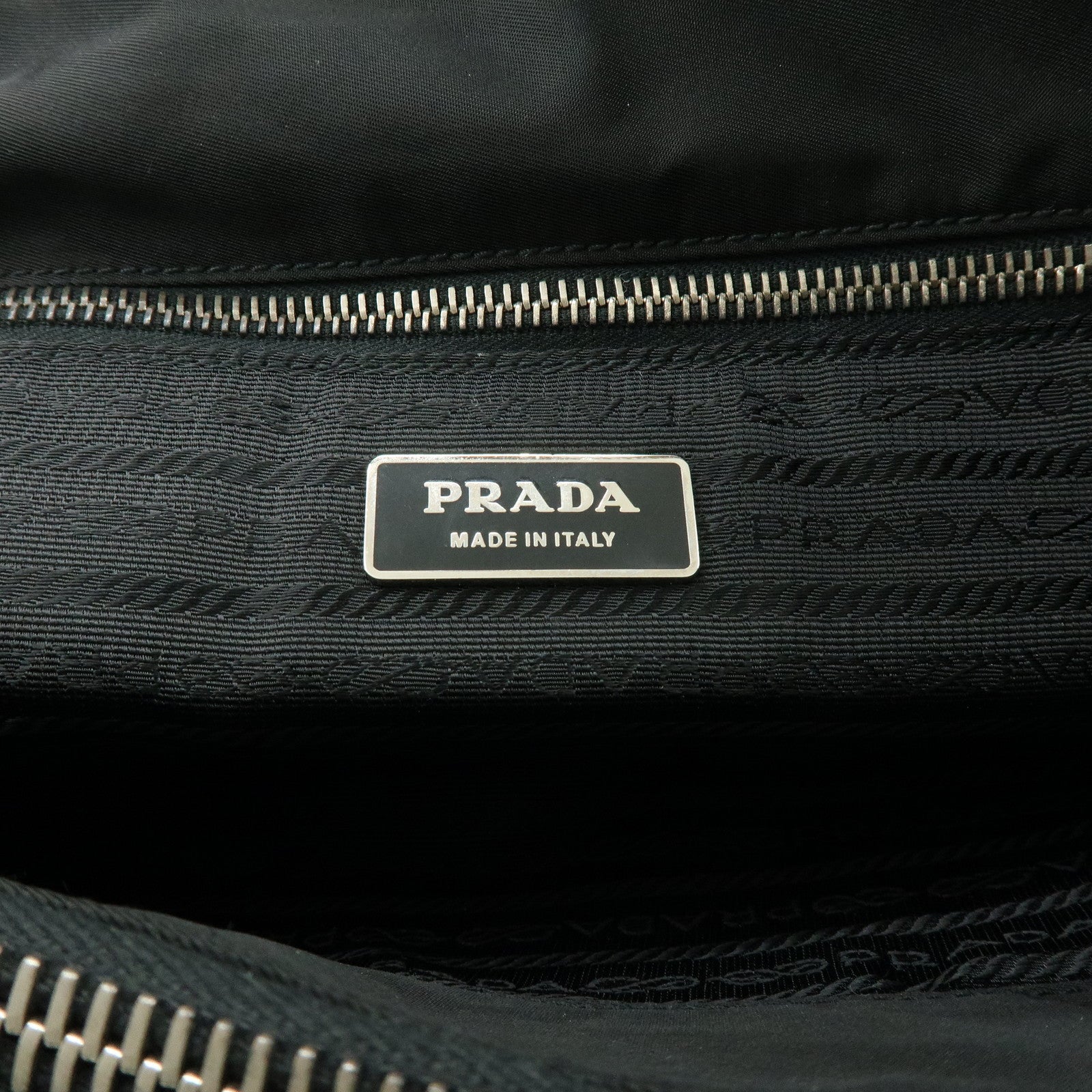 PRADA Triangle Logo Nylon Embossed Leather Tote Bag Black Brown