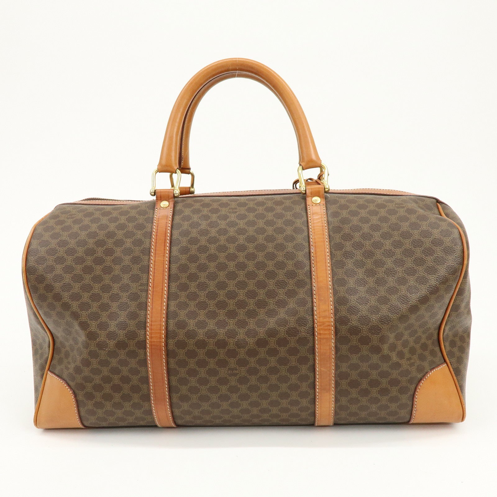 CELINE Macadam PVC Coated Canvas Leather Boston Bag Hand Bag Brown