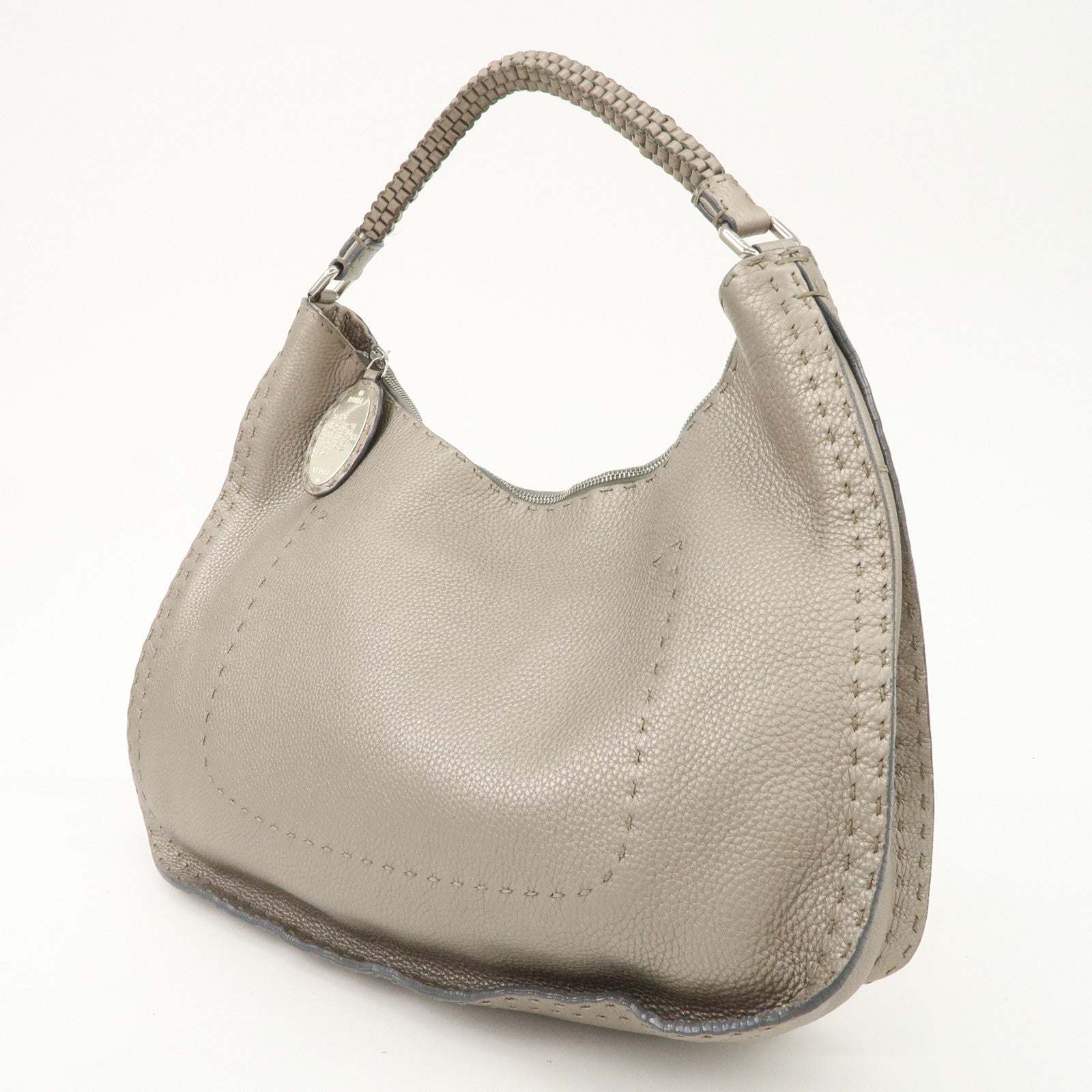 FENDI Selleria Leather Tote Bag Shoulder Bag Hand Bag Gray Used