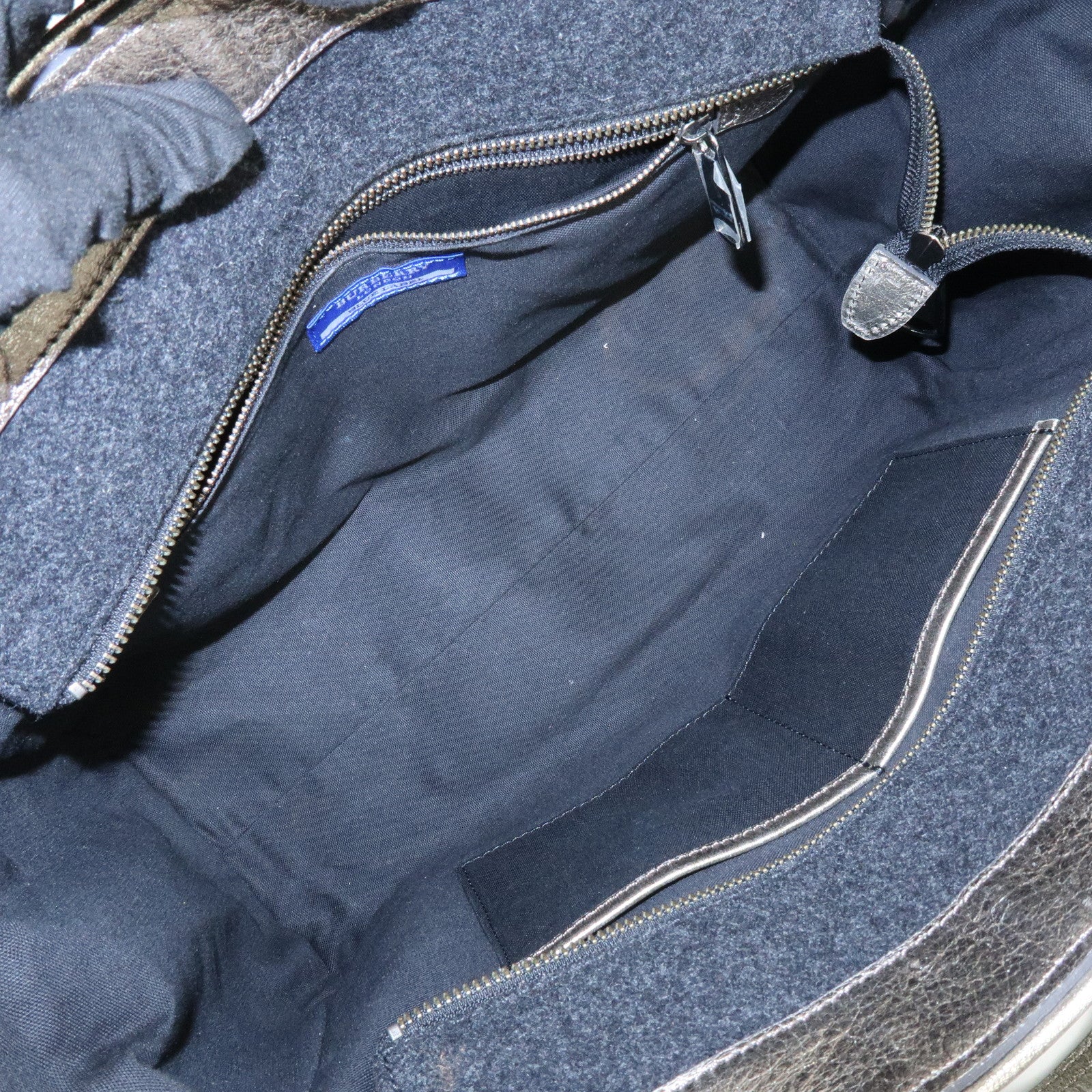 BURBERRY Blue Label Wool Leather Tote Bag Shoulder Bag Black Gold