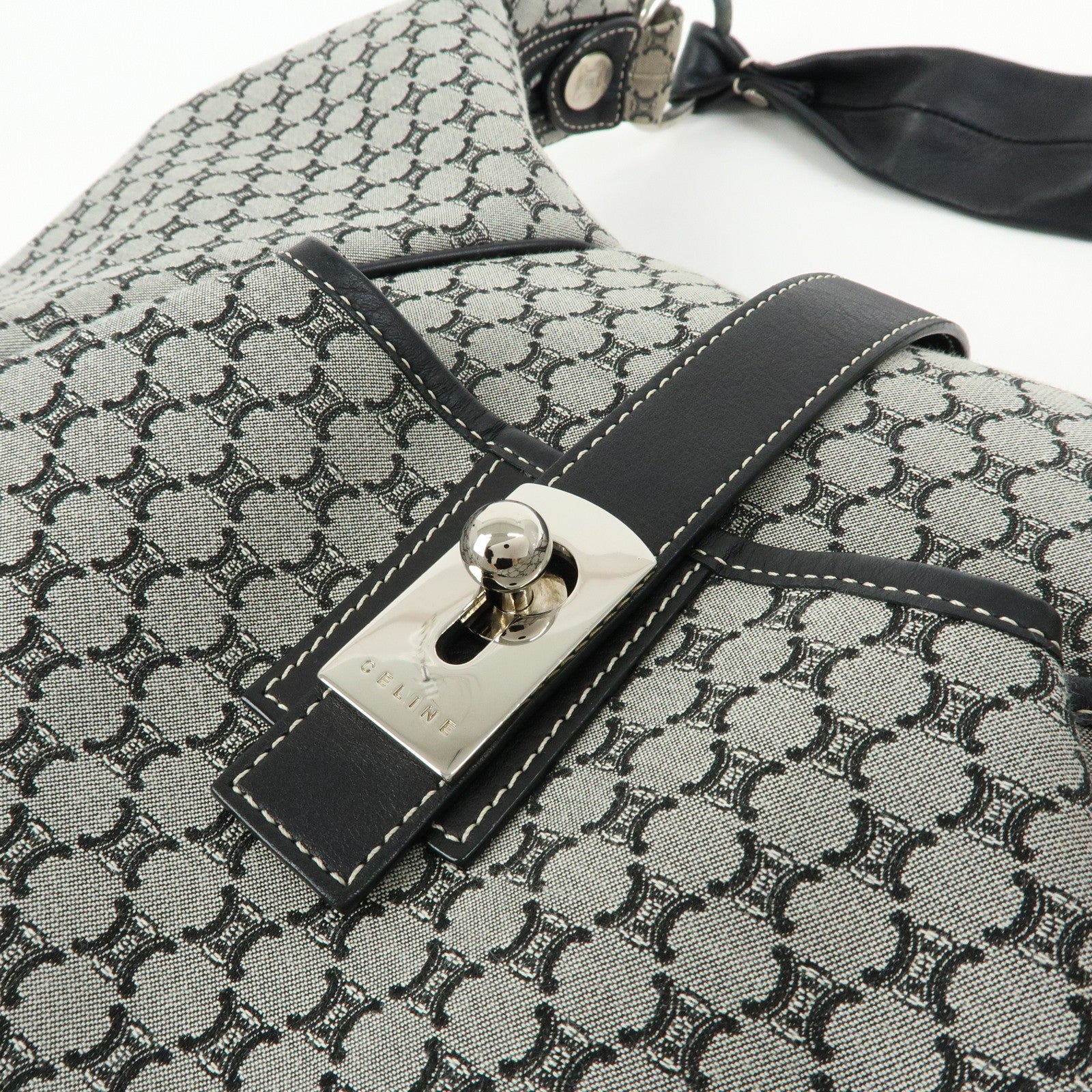 CELINE Macadam Canvas Leather Shoulder Bag Grey Black