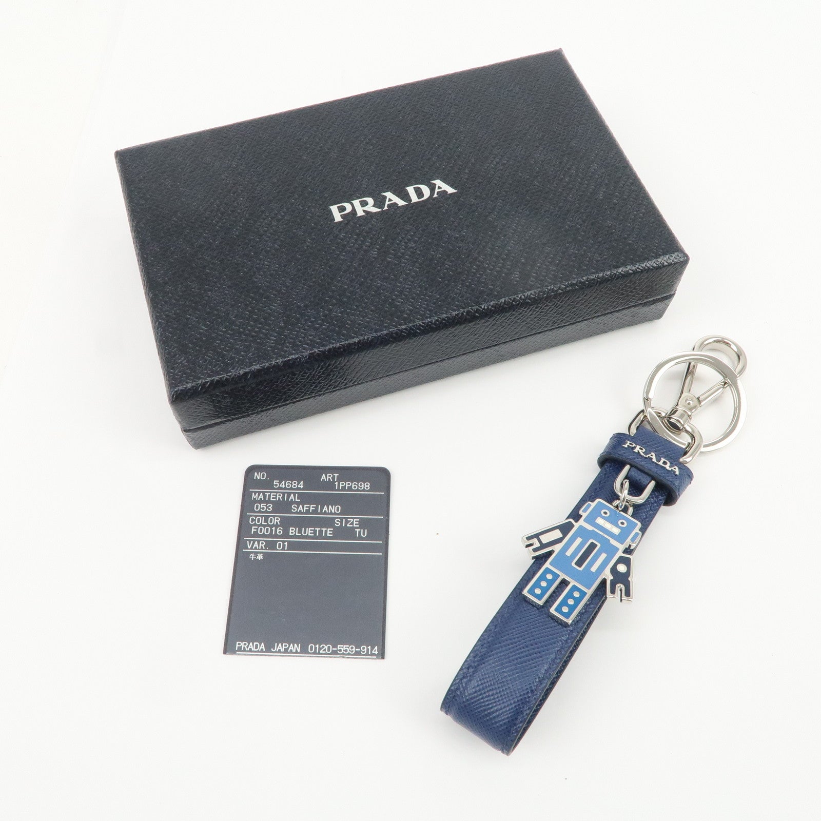 PRADA Saffiano Leather Bag Charm Key Holder Blue 1PP698